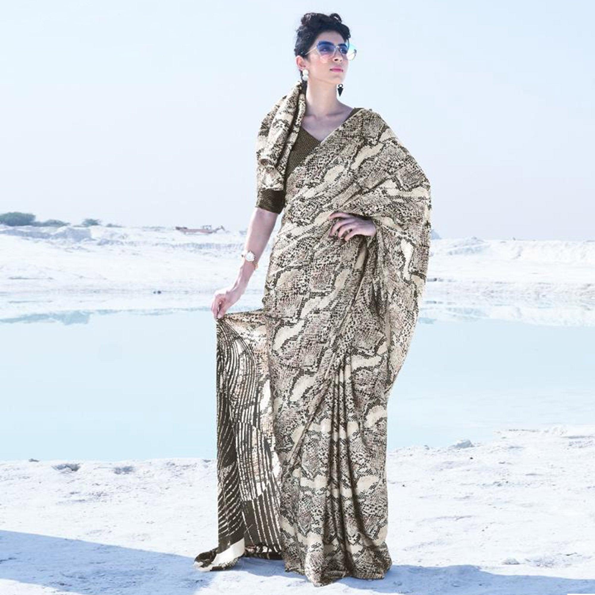 Imposing Cream - Brown Colored Casual Wear Printed Satin Crepe Saree - Peachmode