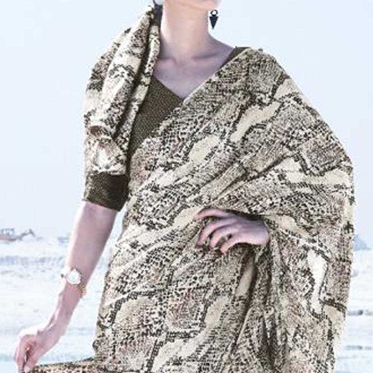 Imposing Cream - Brown Colored Casual Wear Printed Satin Crepe Saree - Peachmode