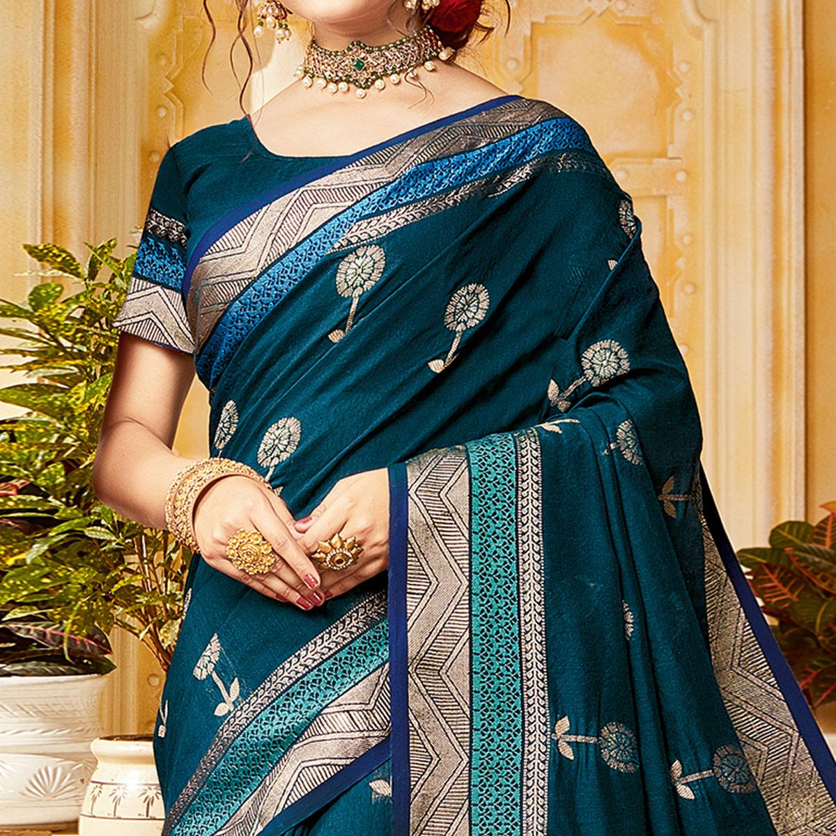 Imposing Dark Green Colored Festive Wear Woven Cotton Handloom Saree - Peachmode