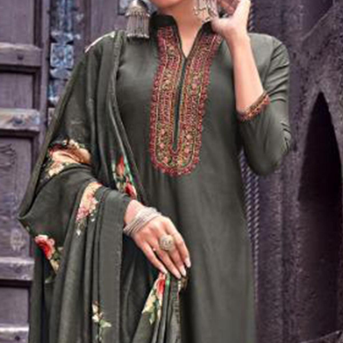 Imposing Dark Grey Colored Partywear Printed Viscose Muslin Suit - Peachmode