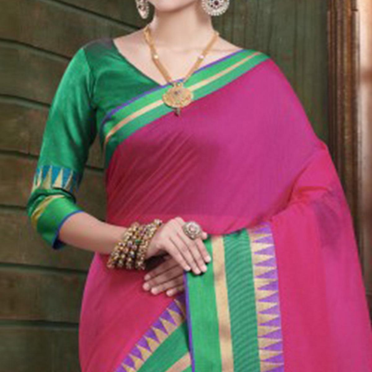 Imposing Dark Pink Colored Festive Wear Woven Cotton Handloom Saree - Peachmode