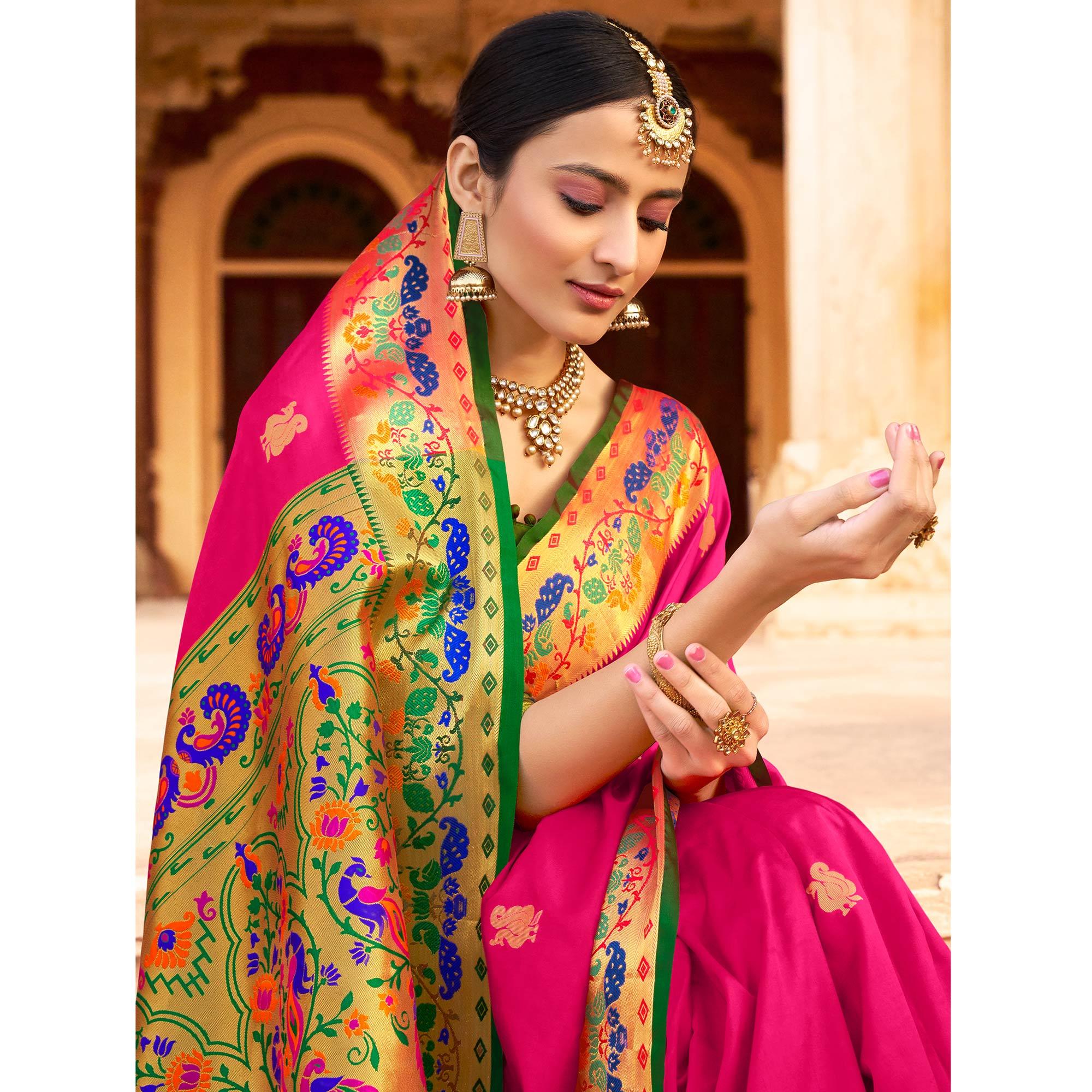 Imposing Dark Pink Colored Festive Wear Woven Paithani Silk Saree - Peachmode