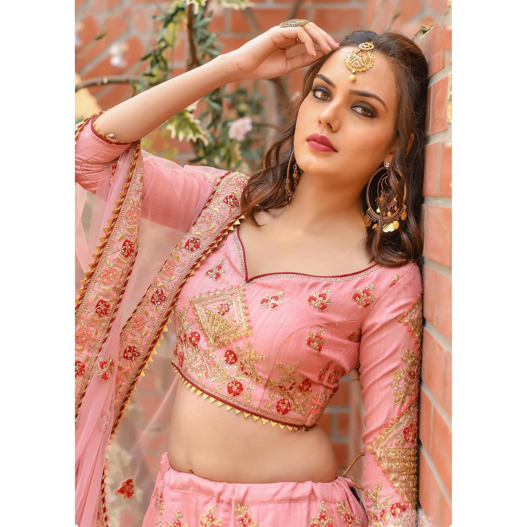 Imposing Flemingo Pink Colored Wedding Wear Embroidered Chennai Silk Lehenga Choli - Peachmode