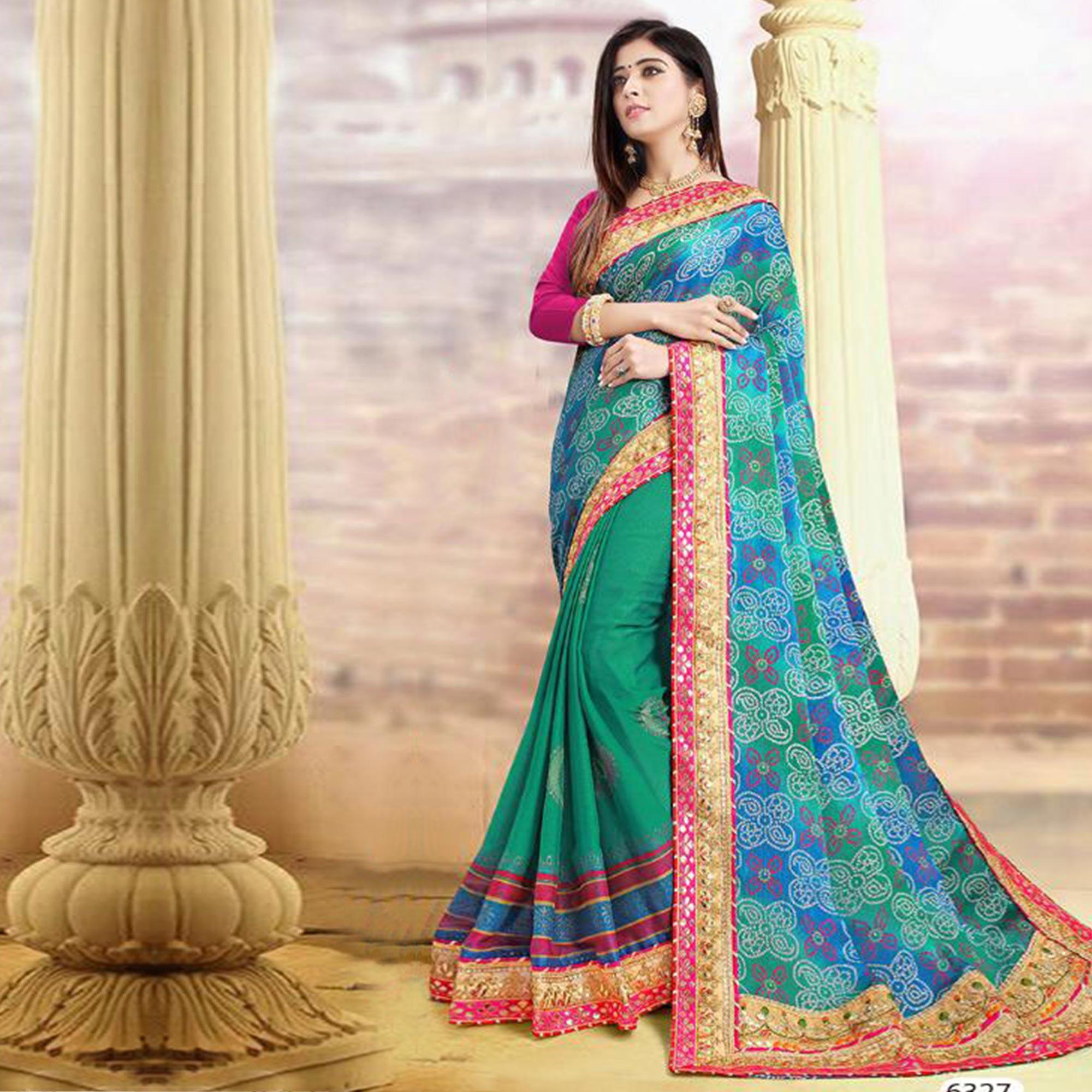 Imposing Green-Blue Colored Festive Wear Zari Work Moss Chiffon Half-Half Saree - Peachmode
