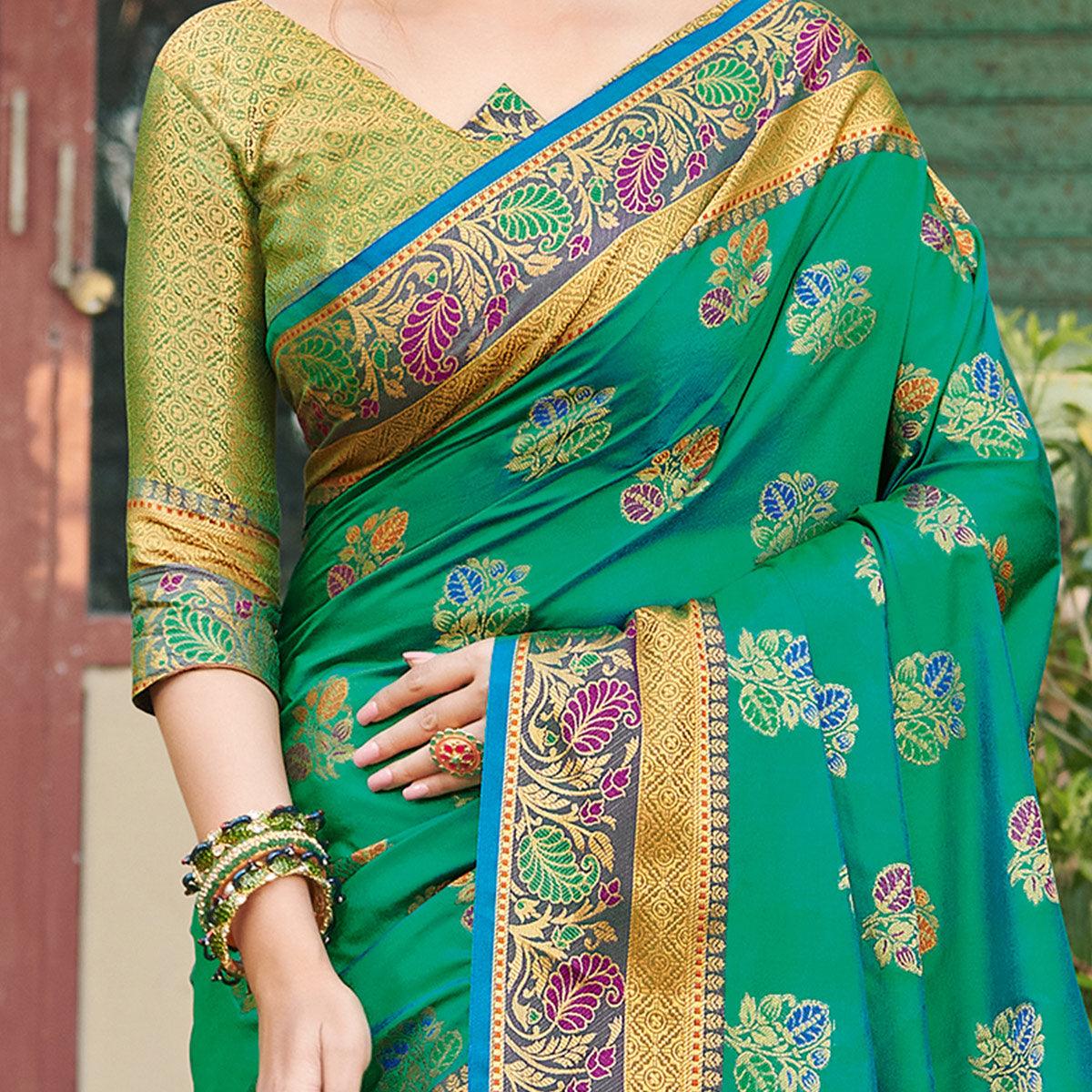 Imposing Green Colored Festive Wear Woven Banaras Silk Saree - Peachmode