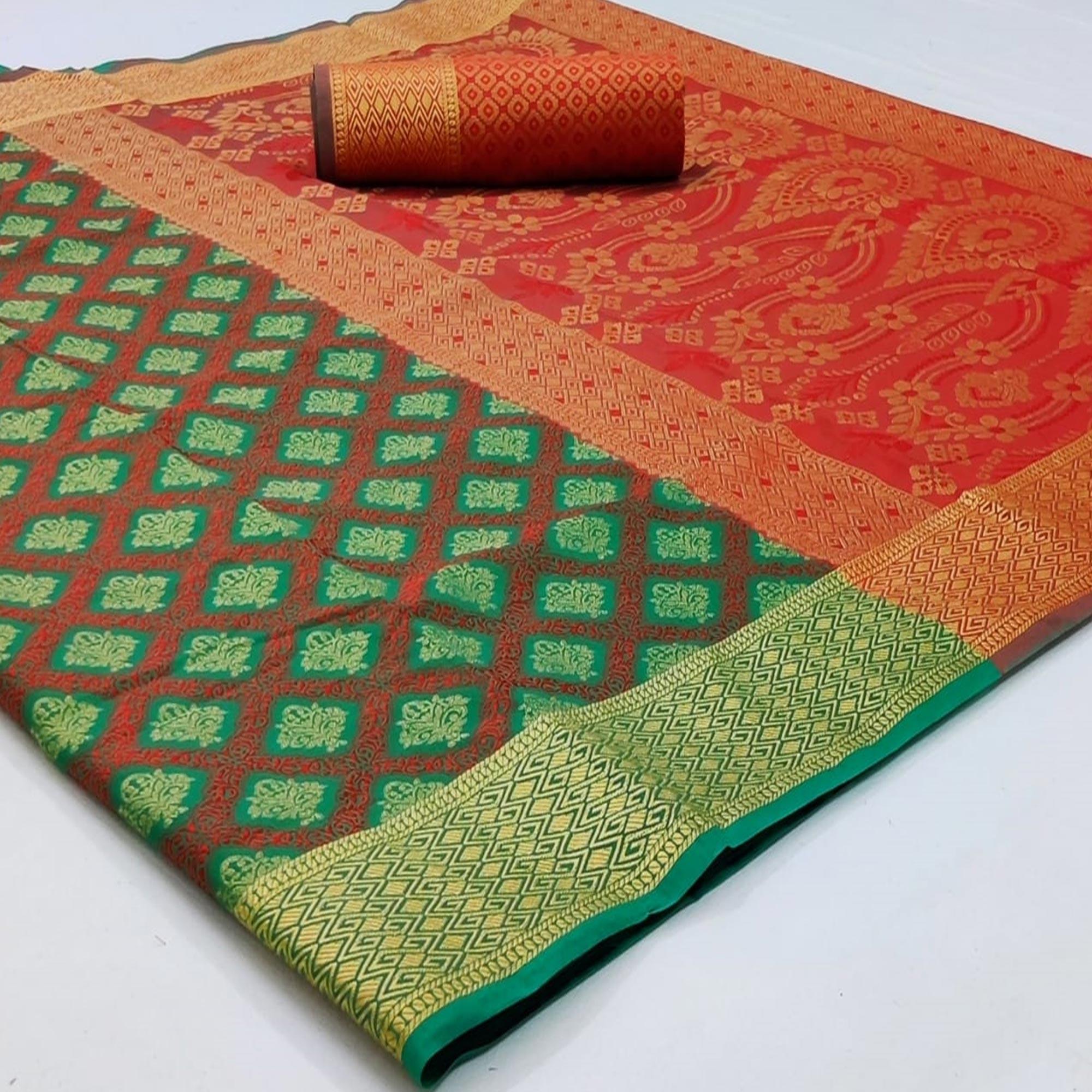Imposing Green Colored Festive Wear Woven Patola Silk Saree - Peachmode