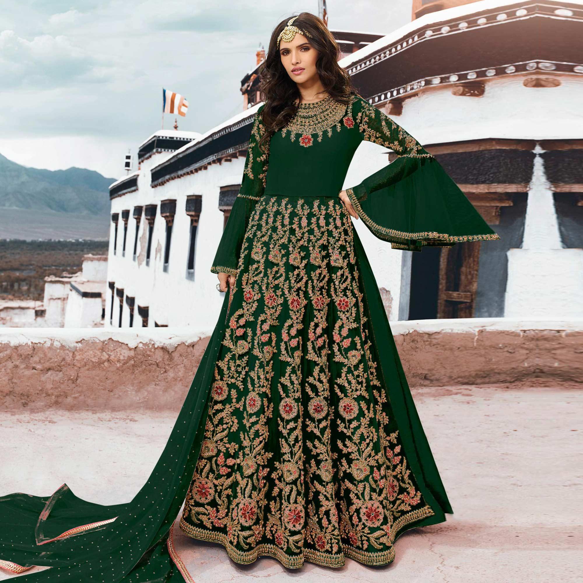 Imposing Green Colored Partywear Embroidered Netted Anarkali Suit - Peachmode