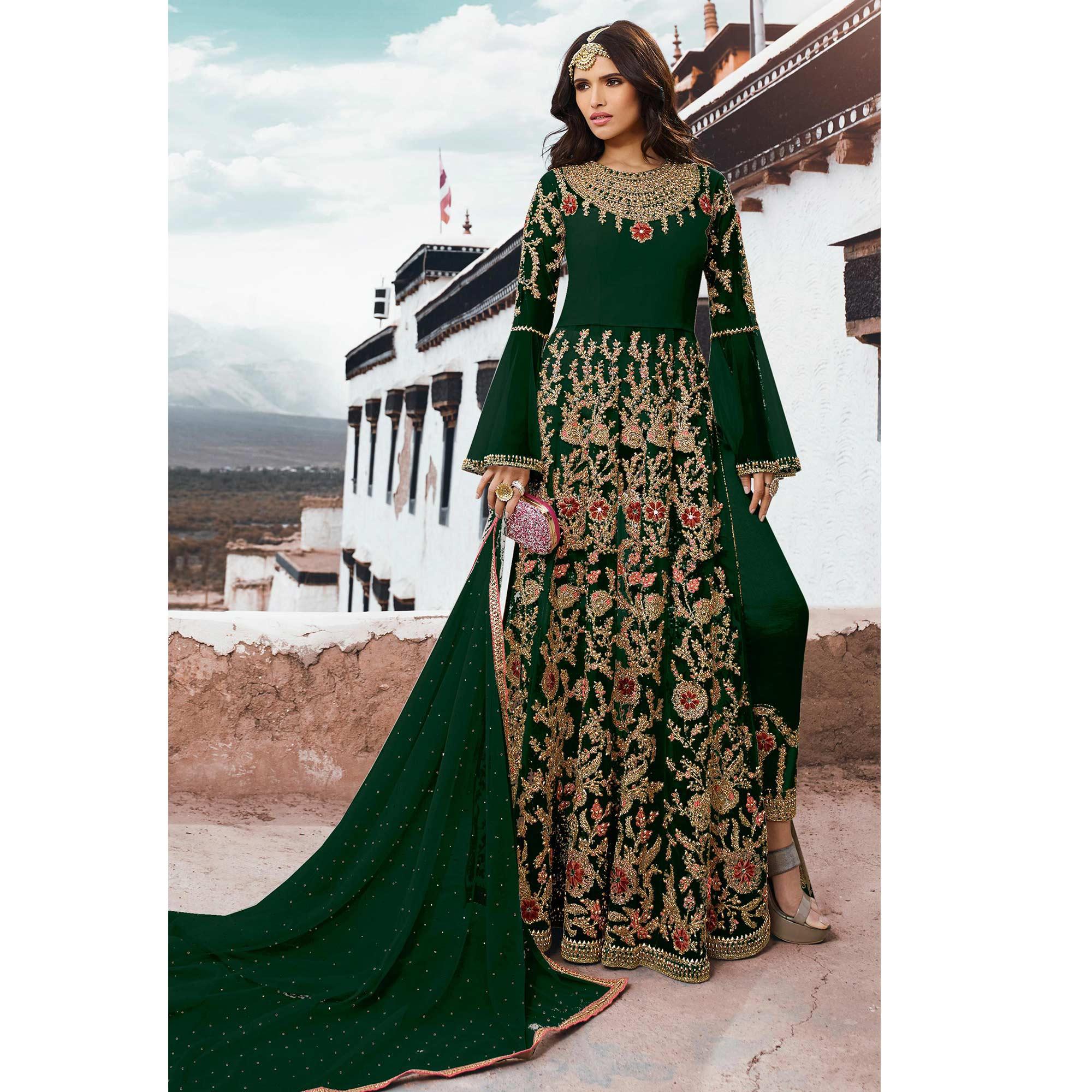 Imposing Green Colored Partywear Embroidered Netted Anarkali Suit - Peachmode