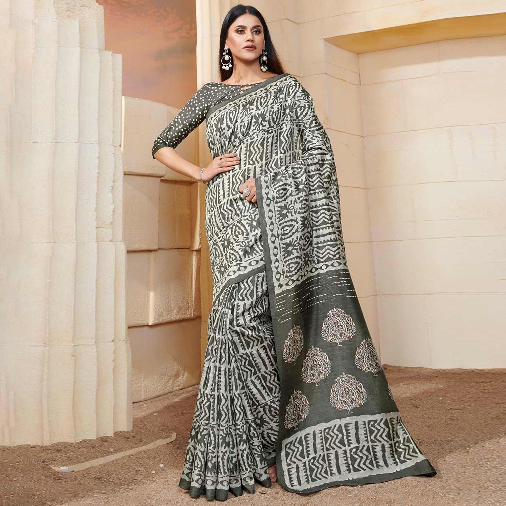 Imposing Grey Colored Casual Wear Printed Bhagalpuri Silk Saree - Peachmode