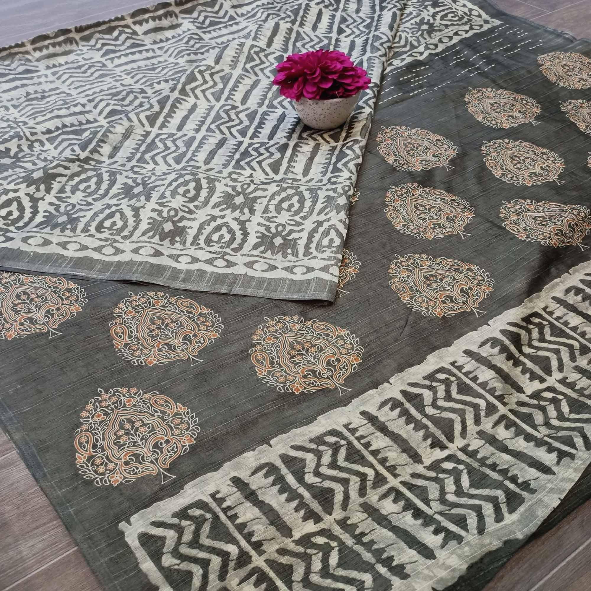 Imposing Grey Colored Casual Wear Printed Bhagalpuri Silk Saree - Peachmode