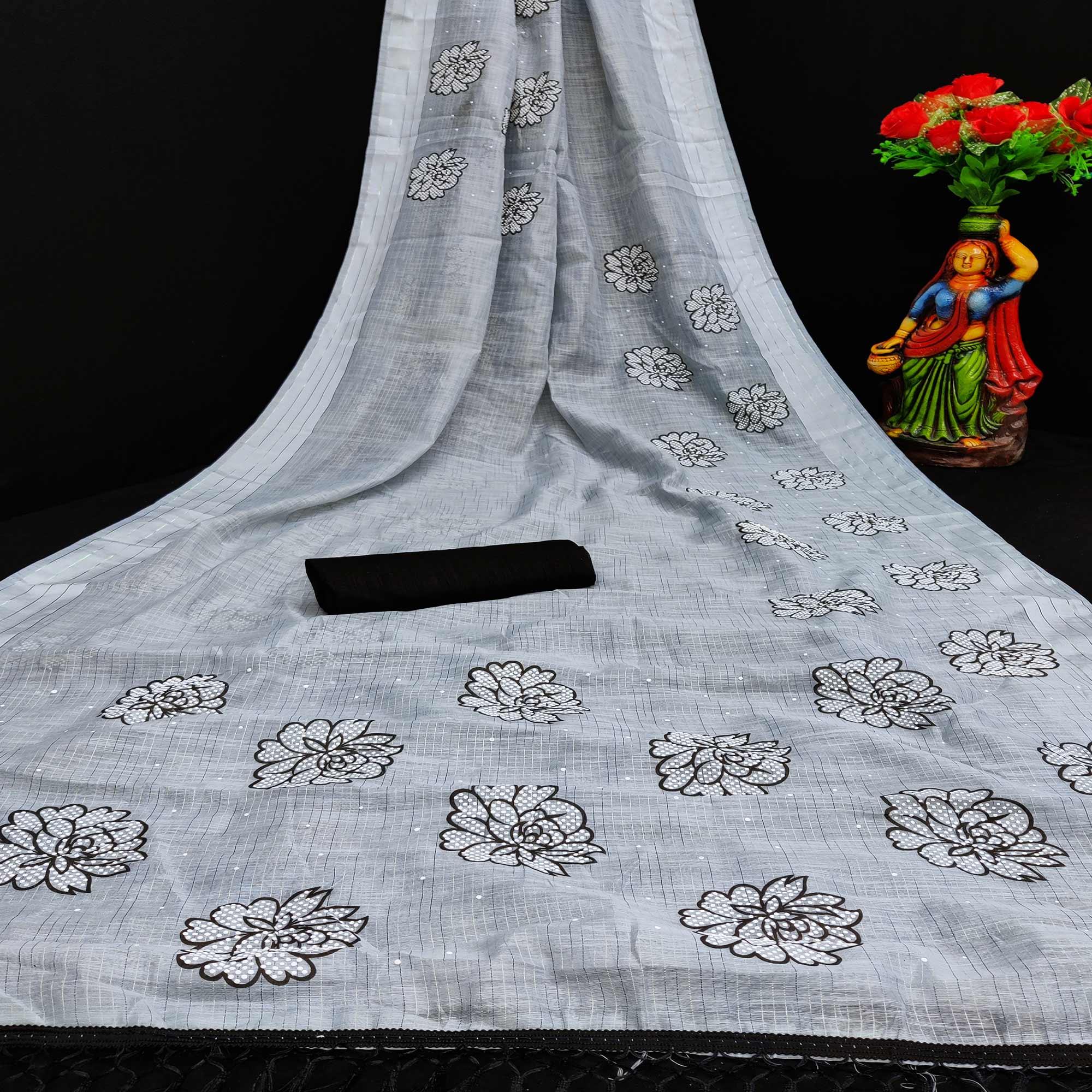 Imposing Grey Coloured Striped Pattern Printed Casual Wear Cotton Saree - Peachmode