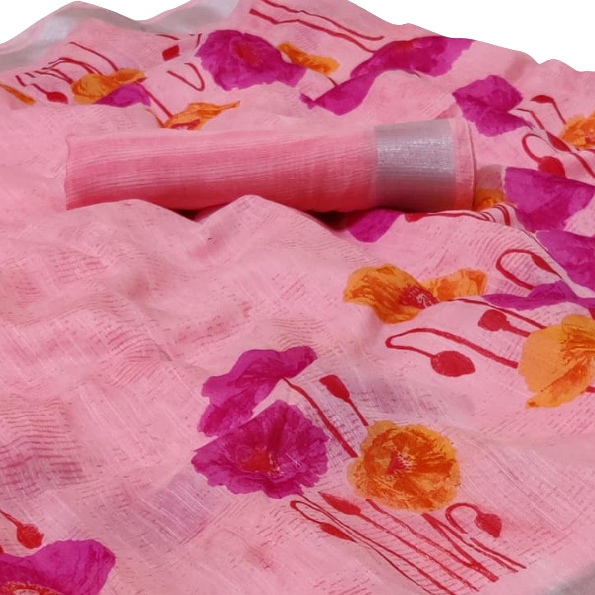 Imposing Light Pink Colored Casual Floral Printed Linen Saree - Peachmode