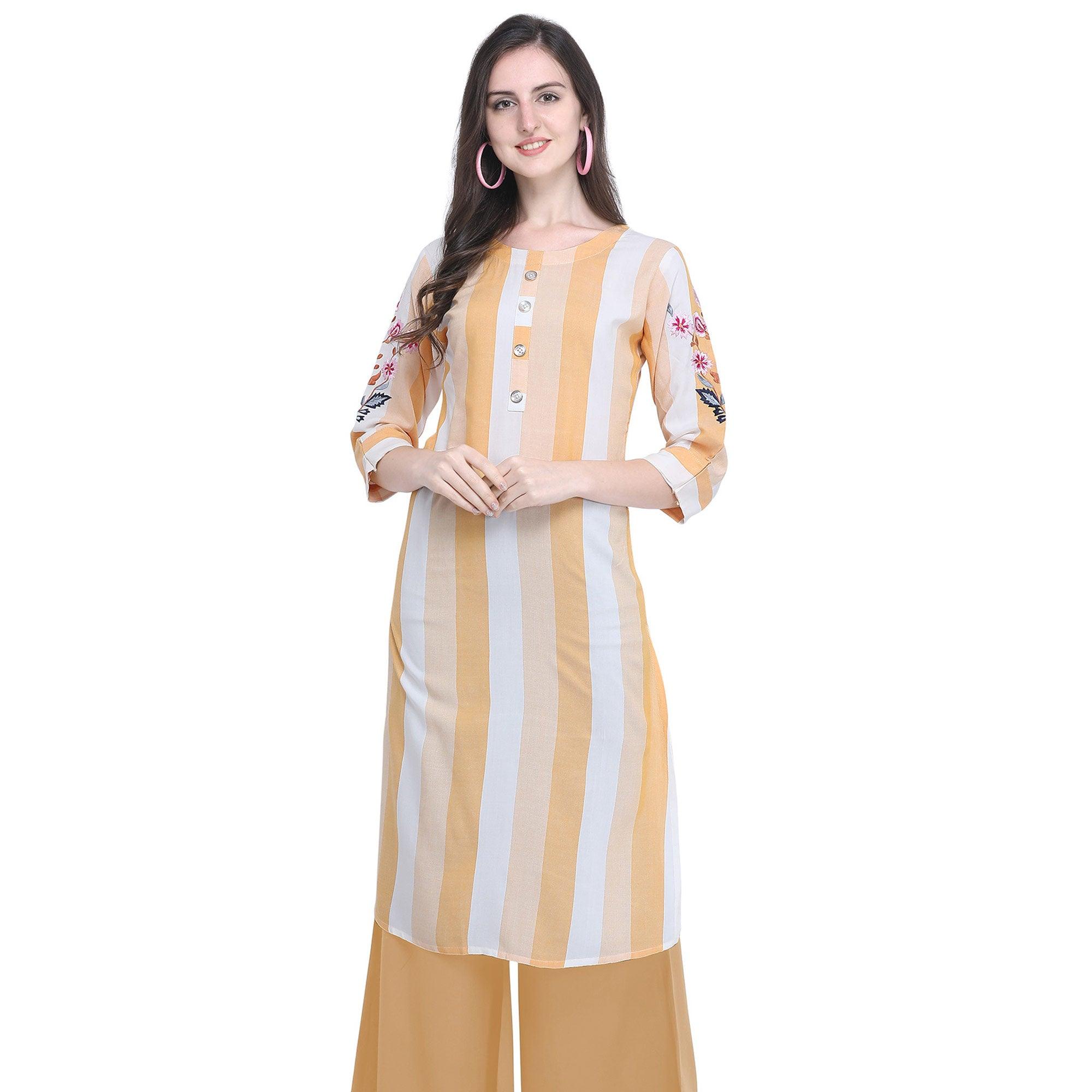 Imposing Light Yellow Colored Casual Embroidered Rayon Kurti - Peachmode