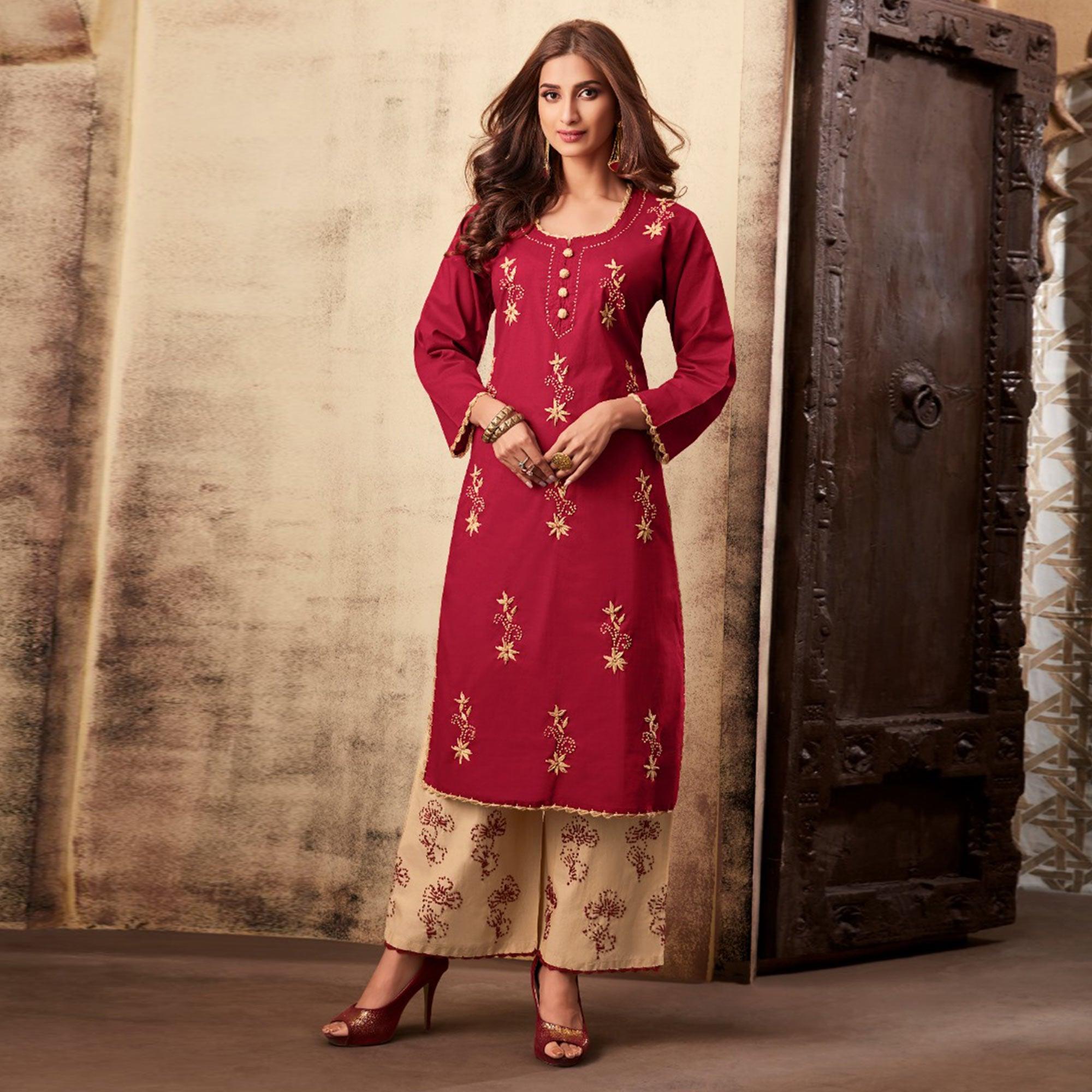 Imposing Maroon Colored Casual Wear Embroidered Rayon Kurti Palazzo Set - Peachmode