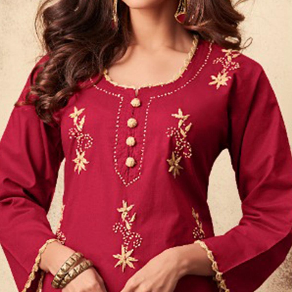 Imposing Maroon Colored Casual Wear Embroidered Rayon Kurti Palazzo Set - Peachmode