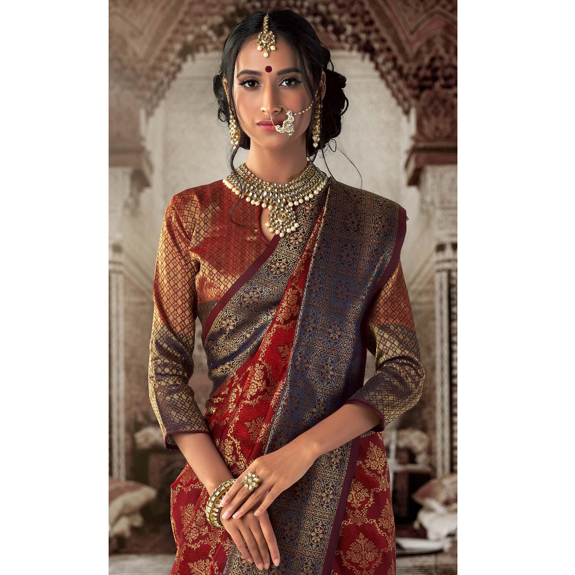 Imposing Maroon Colored Festive Wear Woven Silk Saree - Peachmode