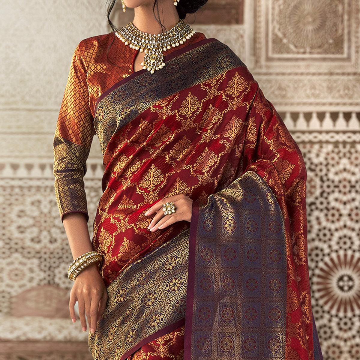 Imposing Maroon Colored Festive Wear Woven Silk Saree - Peachmode