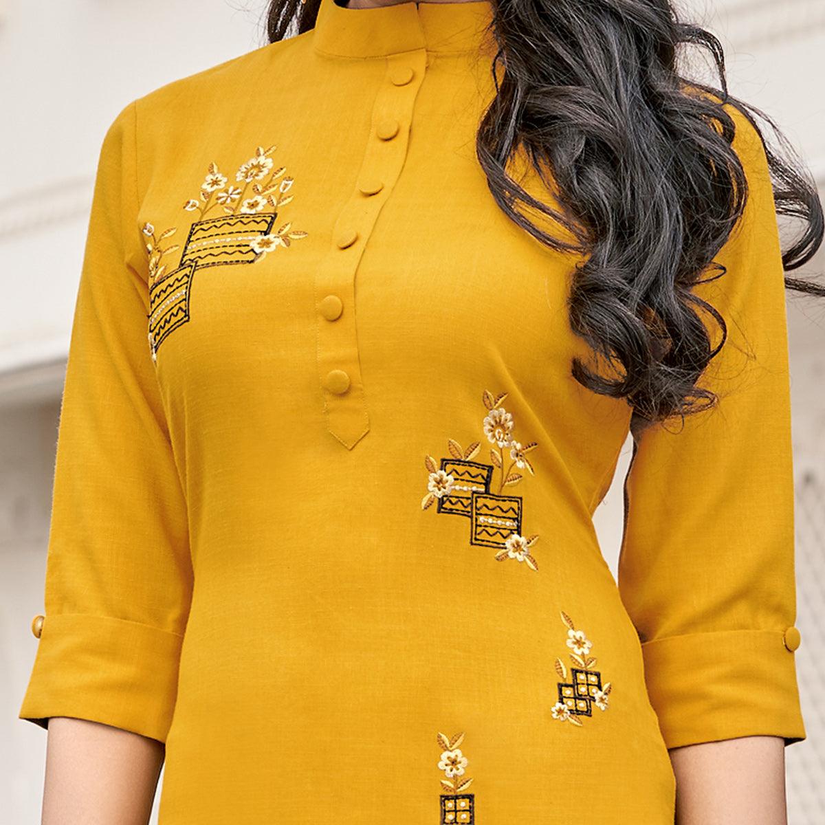Imposing Mutard Yellow Colored Partywear Embroidered Cotton Slub Kurti Palazzo Set - Peachmode