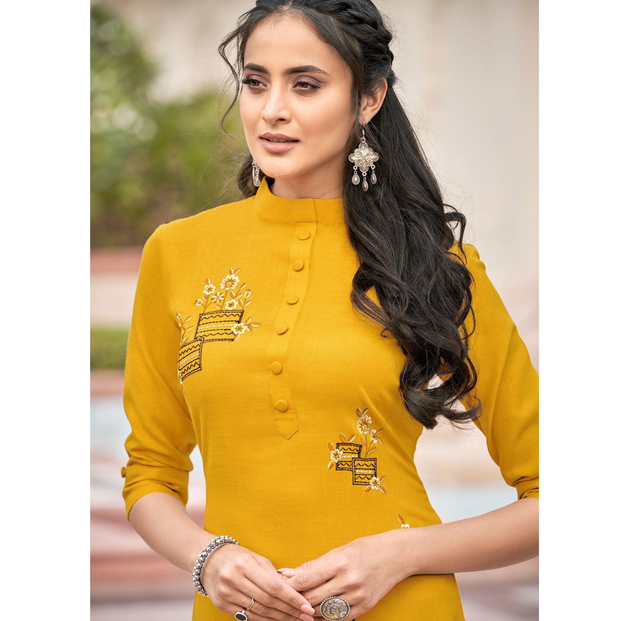 Imposing Mutard Yellow Colored Partywear Embroidered Cotton Slub Kurti Palazzo Set - Peachmode