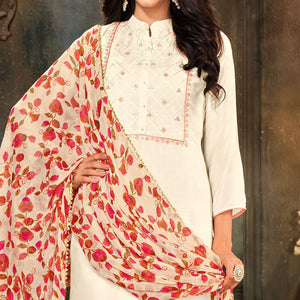 Imposing Offwhite Colored Partywear Embroidered Chanderi Dress Material - Peachmode