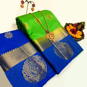 Imposing Parrot Green Colored Festive Wear Woven Art Silk Saree - Peachmode