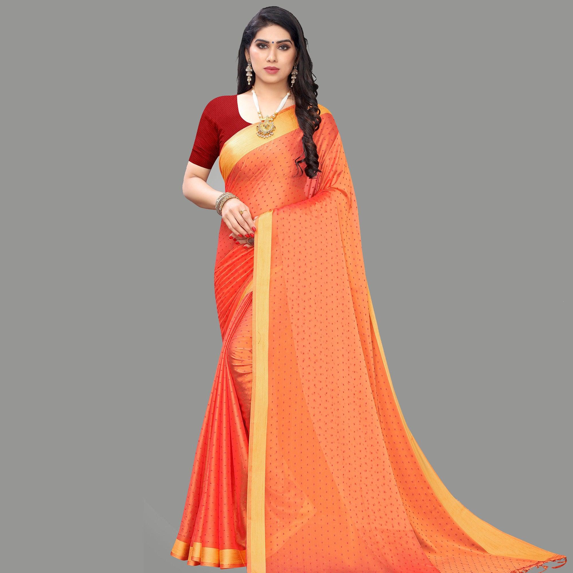 Imposing Peach Colored Party Wear Printed Poly Georgette Saree With Tassels - Peachmode