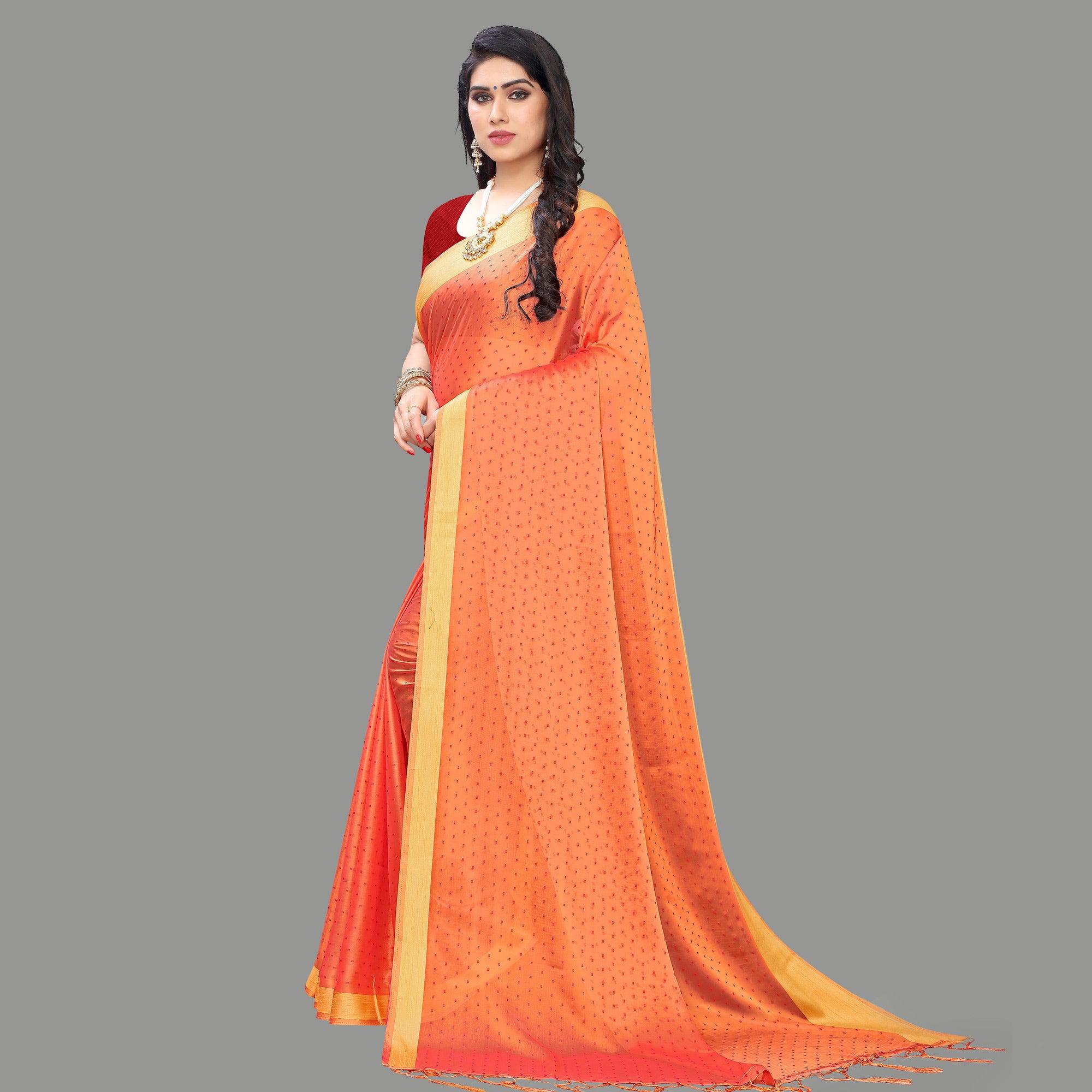Imposing Peach Colored Party Wear Printed Poly Georgette Saree With Tassels - Peachmode
