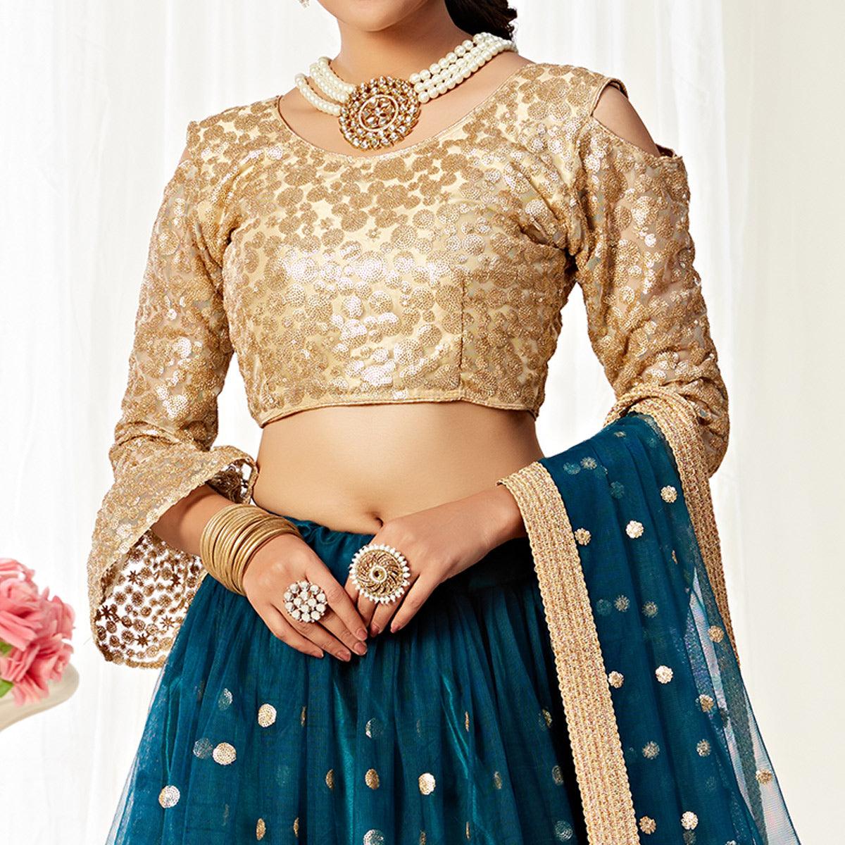 Imposing Peacock Blue Colored Wedding Wear Embroidered Heavy Net Lehenga Choli - Peachmode
