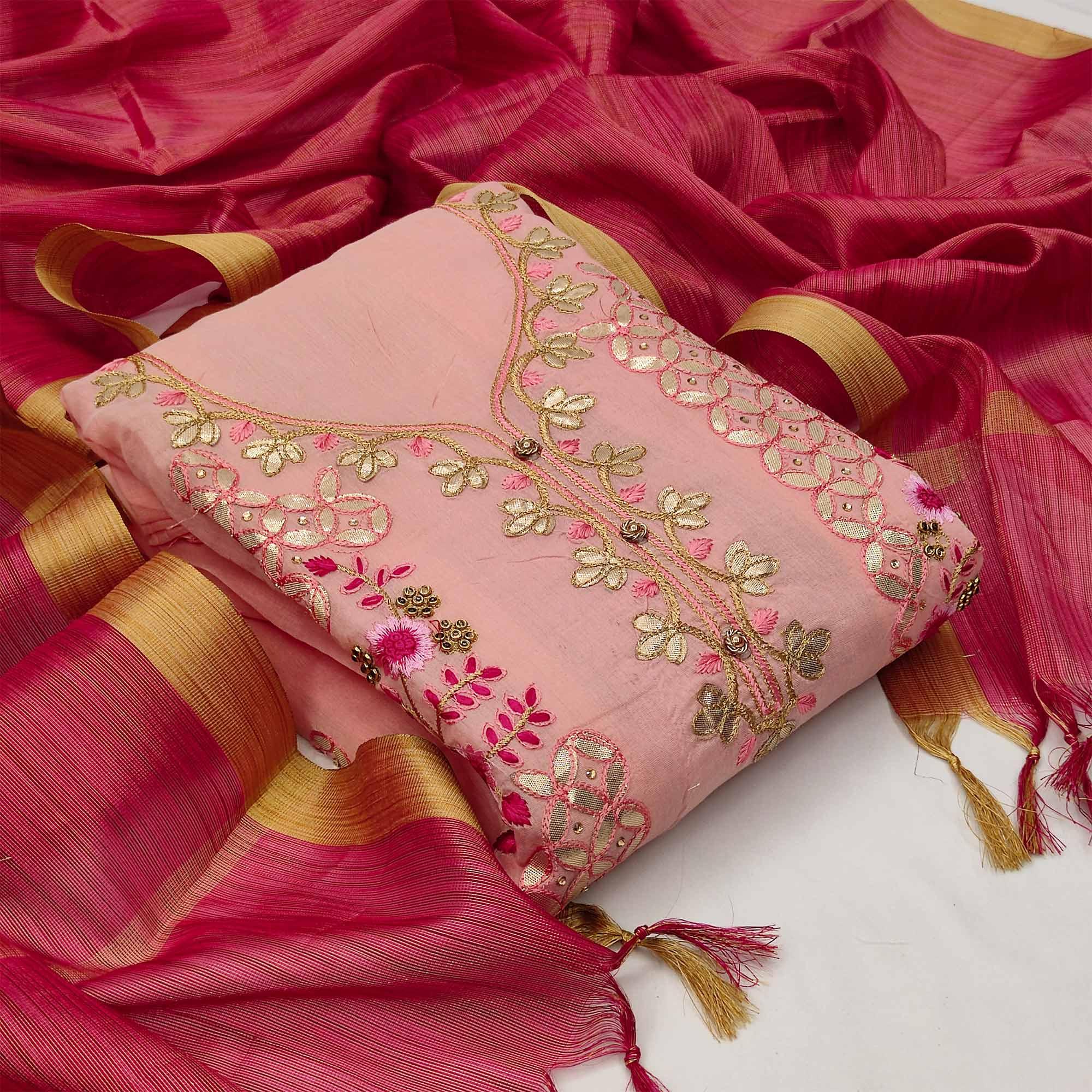 Imposing Pink Colored Casual Embroidered Modal Chanderi Dress Material - Peachmode