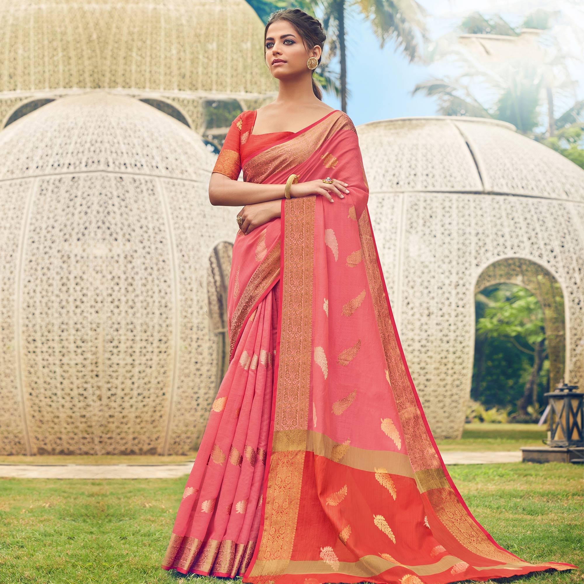 Imposing Pink Colored Festive Wear Woven Cotton Handloom Saree - Peachmode