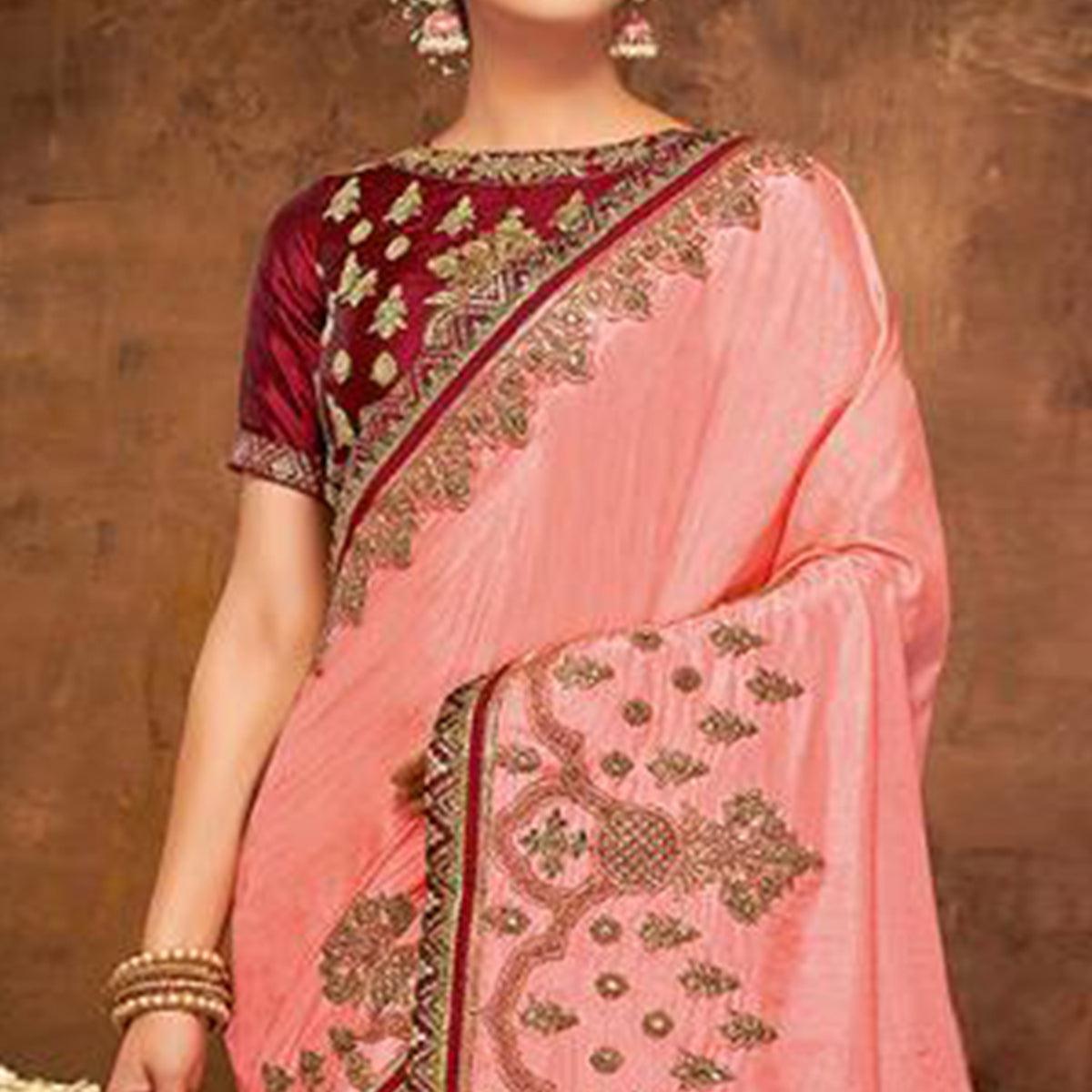 Imposing Pink Colored Partywear Embroidered Silk-Georgette Saree - Peachmode