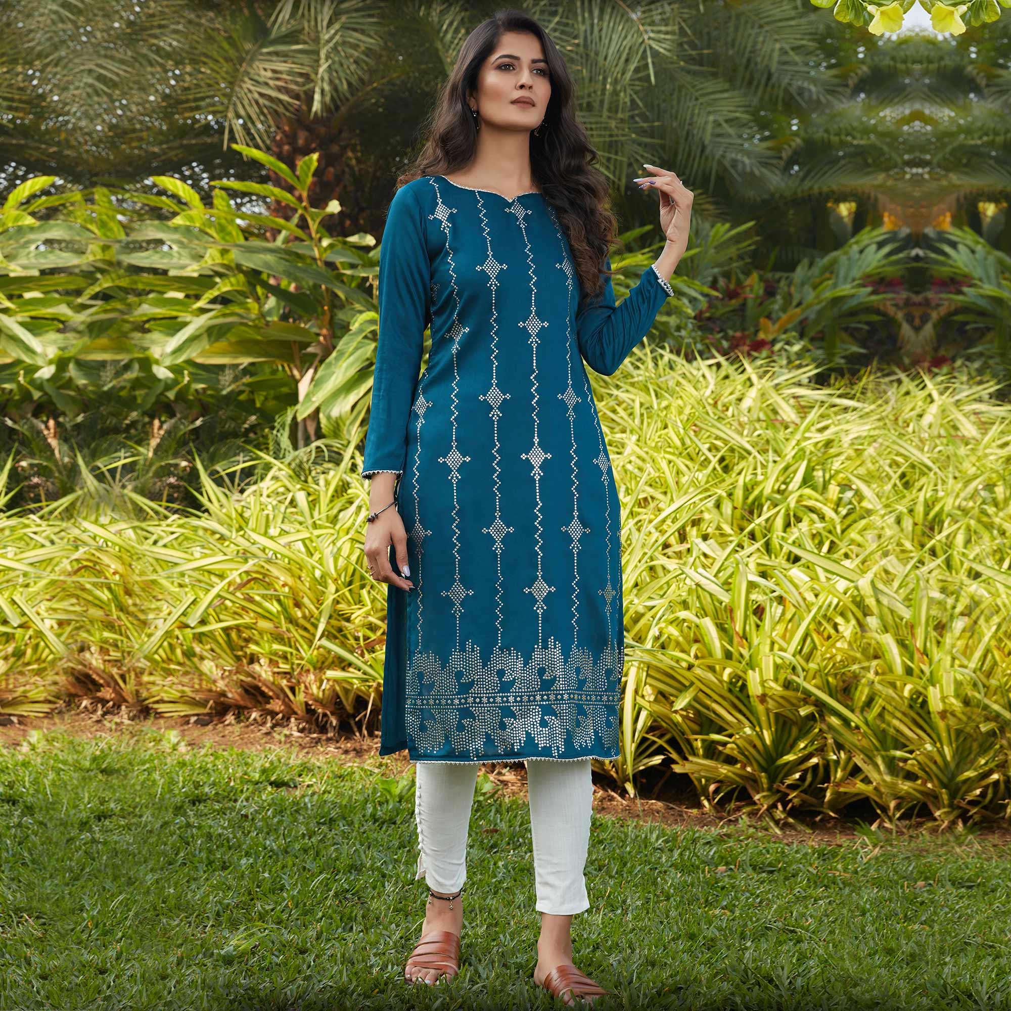 Imposing Rama Green Casual Wear Glistering Embellishment Silky Cotton Kurti - Peachmode
