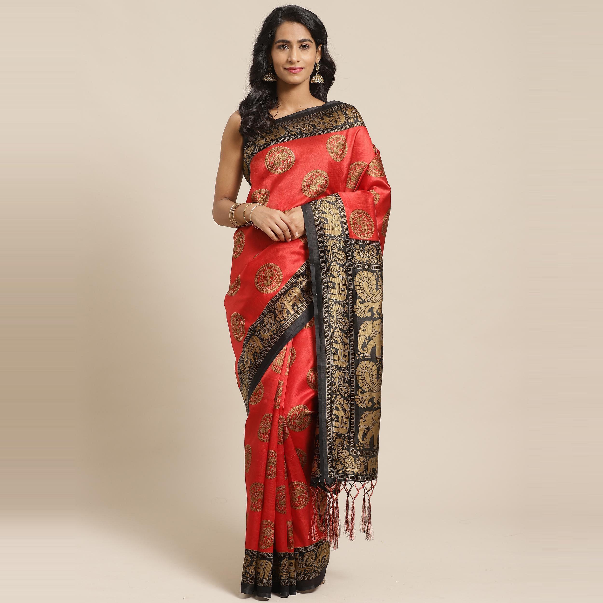 Imposing Red Colored Casual Wear Printed Art Silk Saree - Peachmode