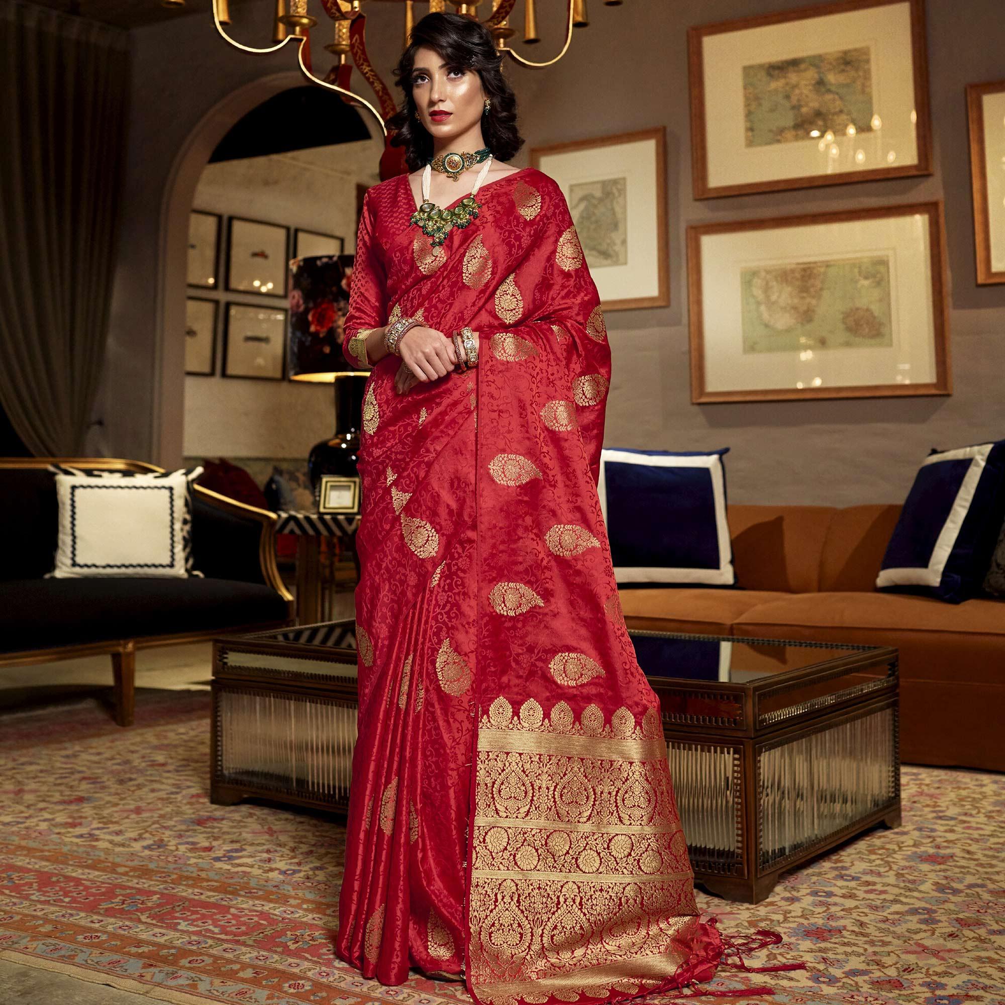 Imposing Red Colored Festive Wear Weaving Pure Satin Saree - Peachmode