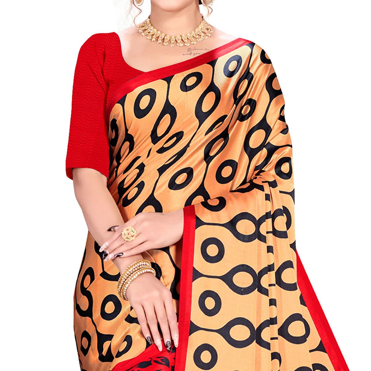 Imposing Red-Cream Colored Festive Wear Printed Satin Crepe Saree - Peachmode