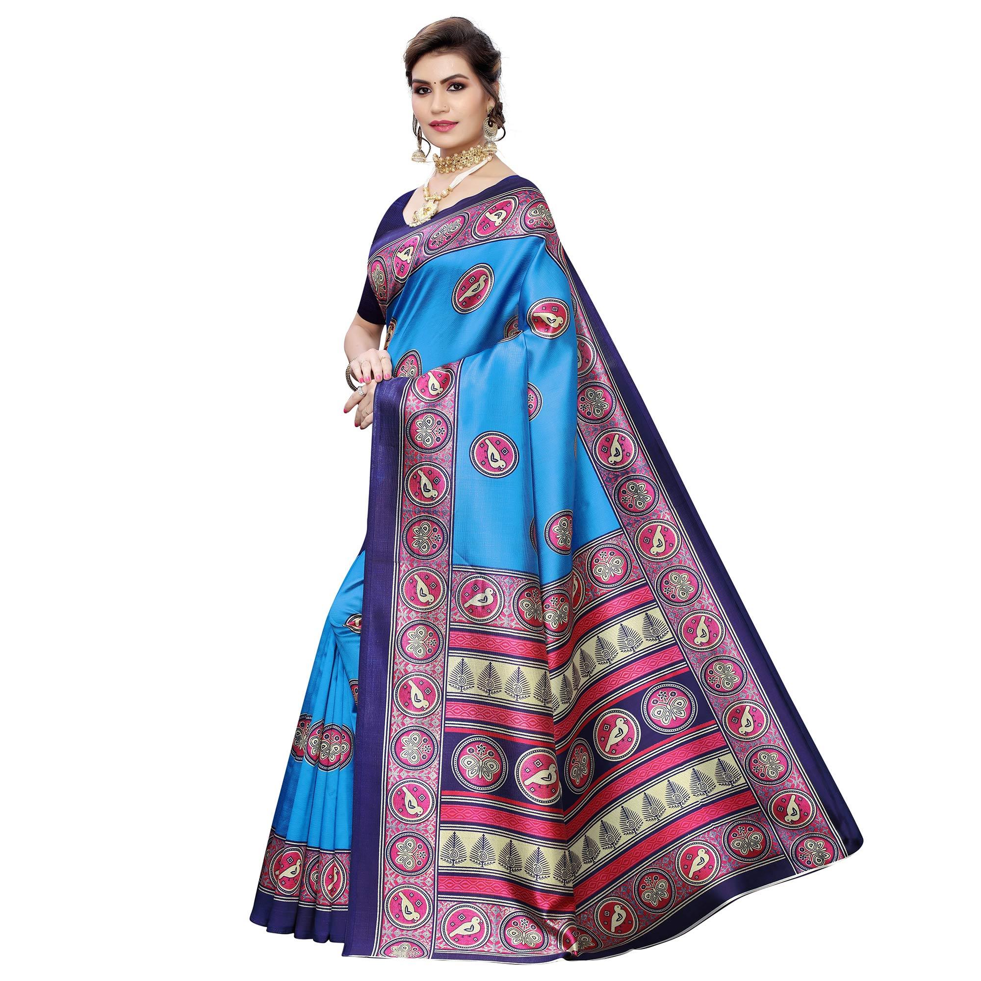 Imposing Sky Blue Colored Casual Wear Printed Art Silk Saree - Peachmode