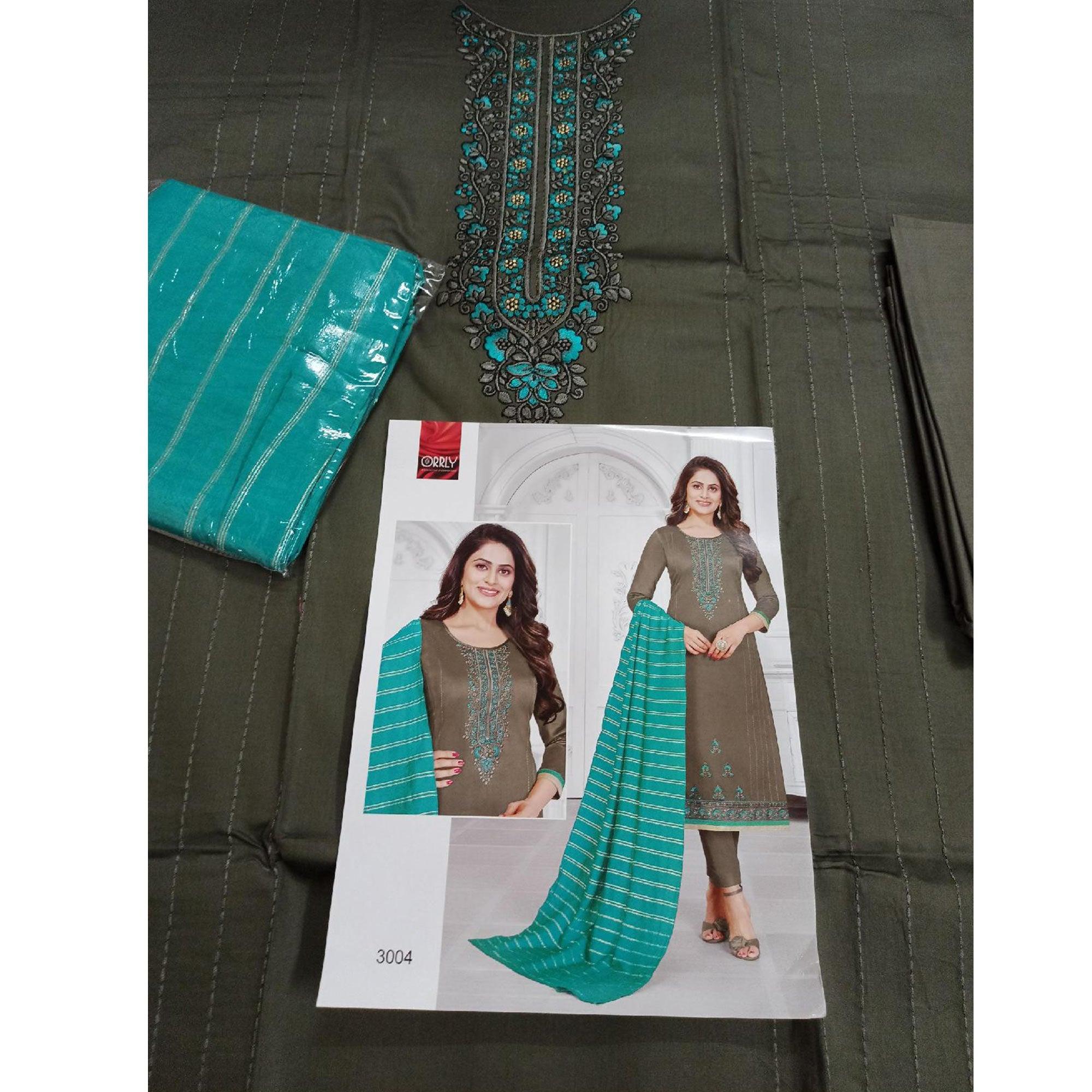Imposing Steel-Grey Colored Partywear Designer Embroidery Cotton Salwar Suit - Peachmode