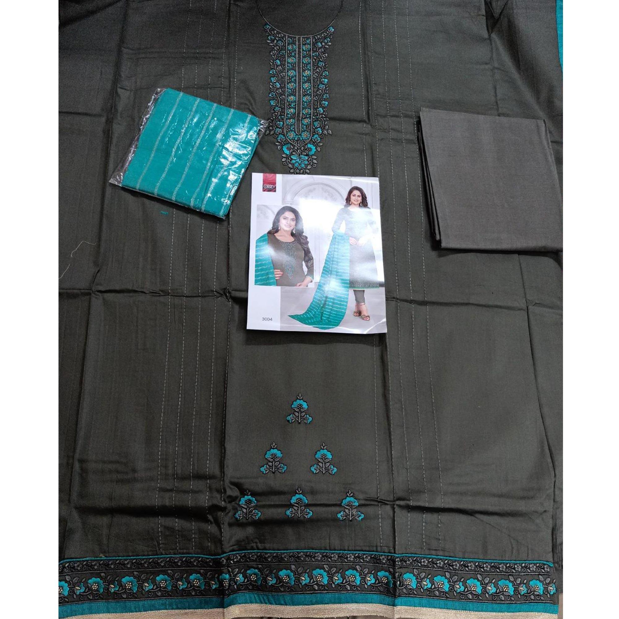 Imposing Steel-Grey Colored Partywear Designer Embroidery Cotton Salwar Suit - Peachmode