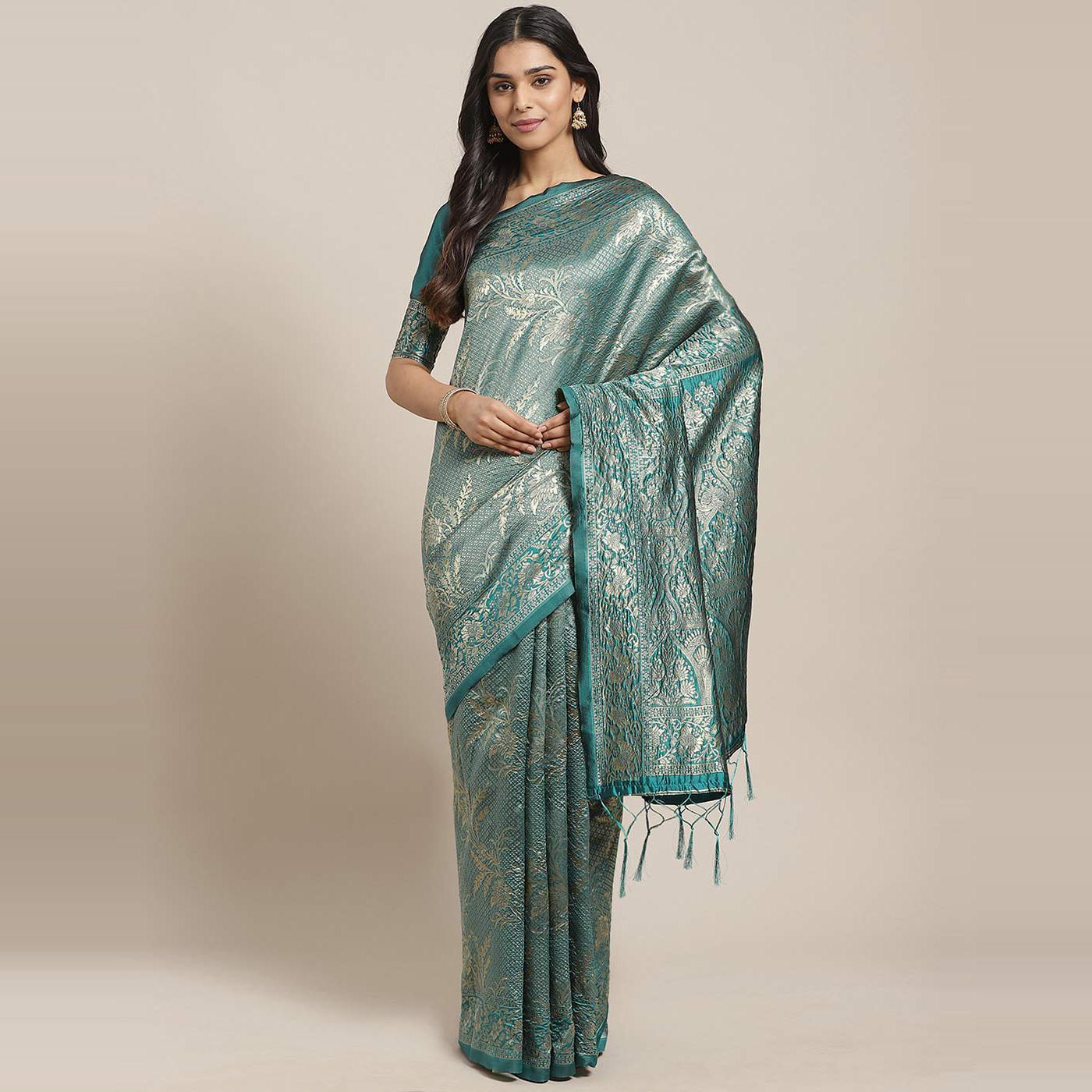 Imposing Teal Green Colored Festive Wear Woven Silk Blend Saree - Peachmode