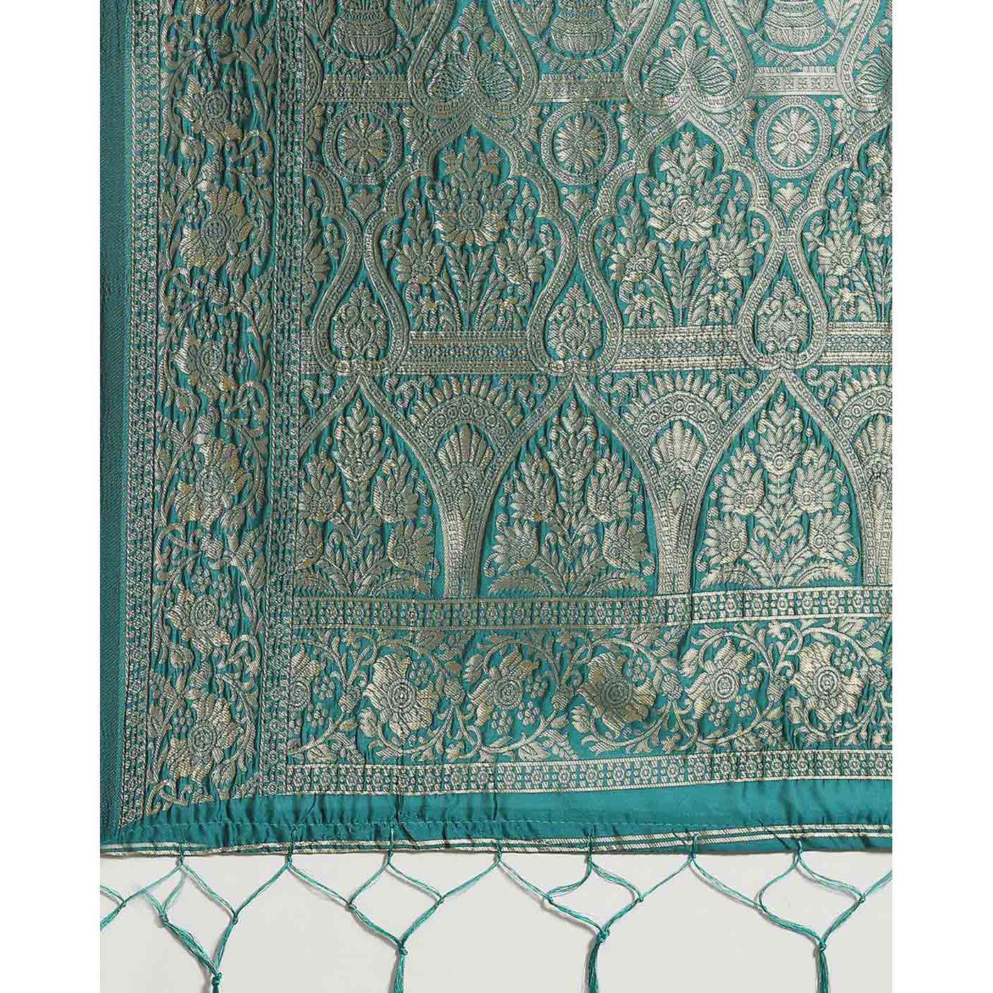 Imposing Teal Green Colored Festive Wear Woven Silk Blend Saree - Peachmode