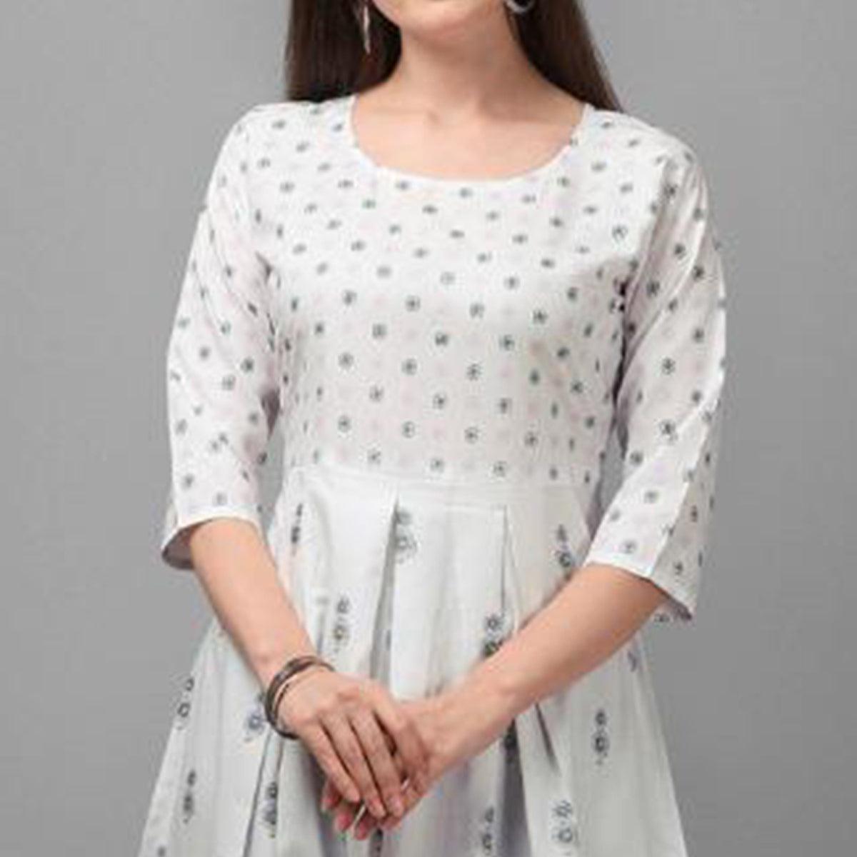Imposing White Coloured Casual Wear Printed Rayon Malai Kurti - Peachmode