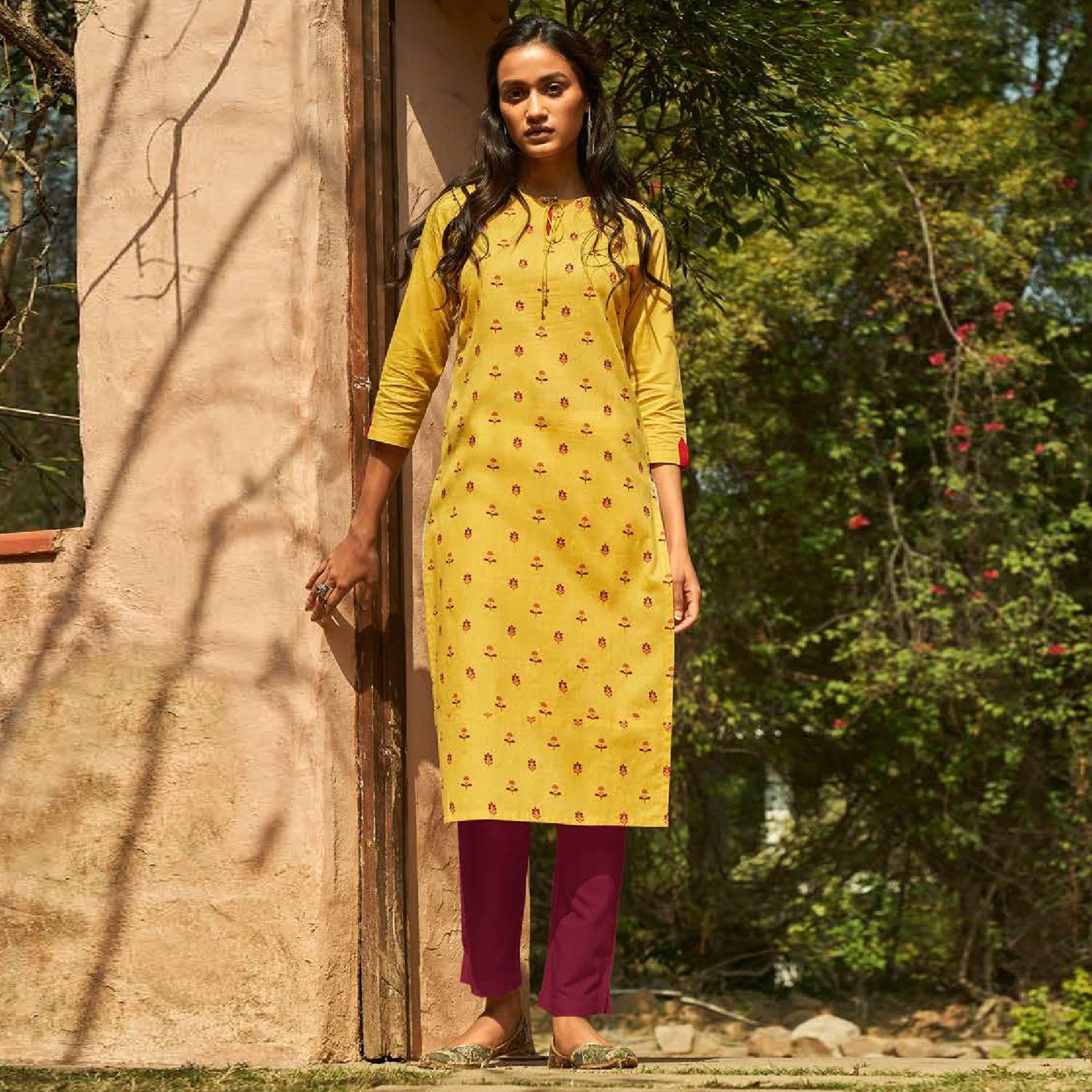 Imposing Yellow Colored Casual Wear Embroidered Cotton Kurti With Bottom - Peachmode