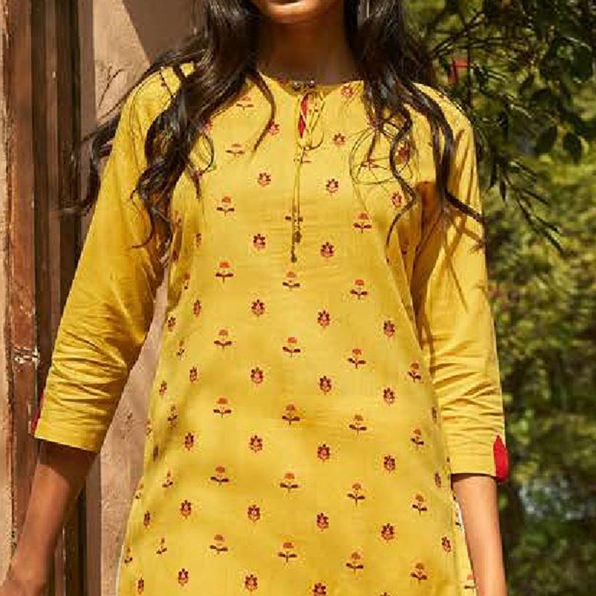 Imposing Yellow Colored Casual Wear Embroidered Cotton Kurti With Bottom - Peachmode