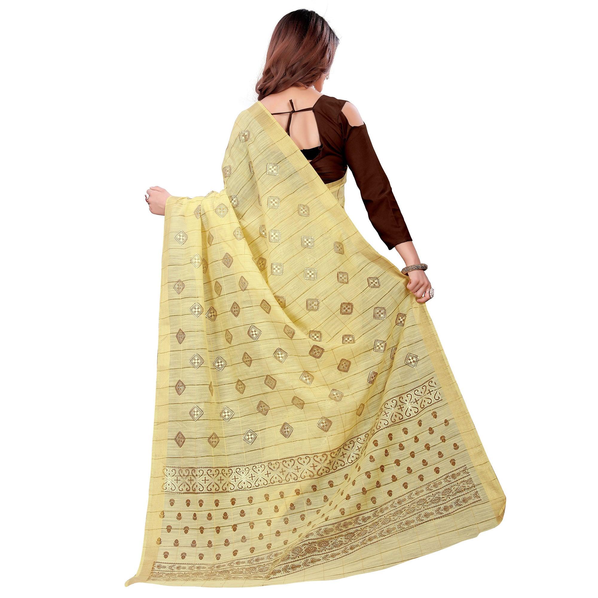Imposing Yellow Colored Casual Wear Printed Cotton Saree - Peachmode