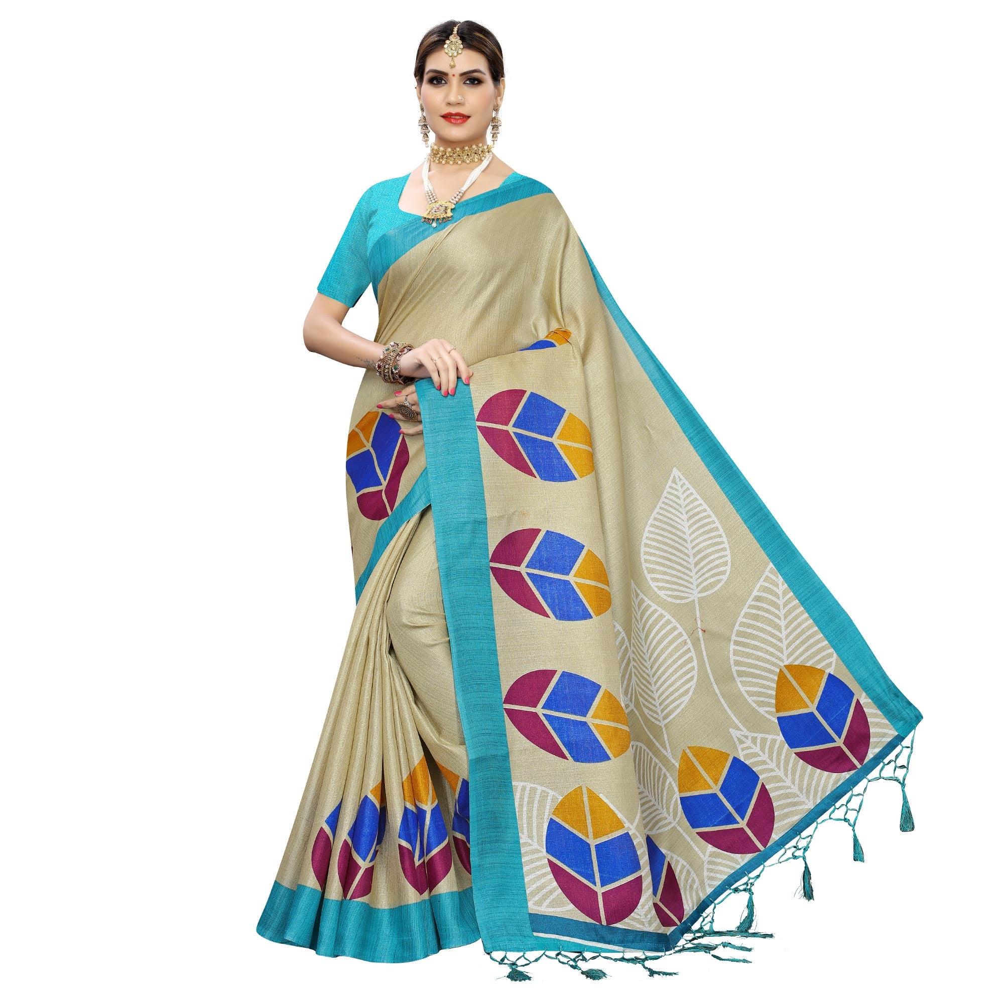 Impressive Beige-Blue Colored Festive Wear Leaf Printed Art Silk Saree With Tassel - Peachmode