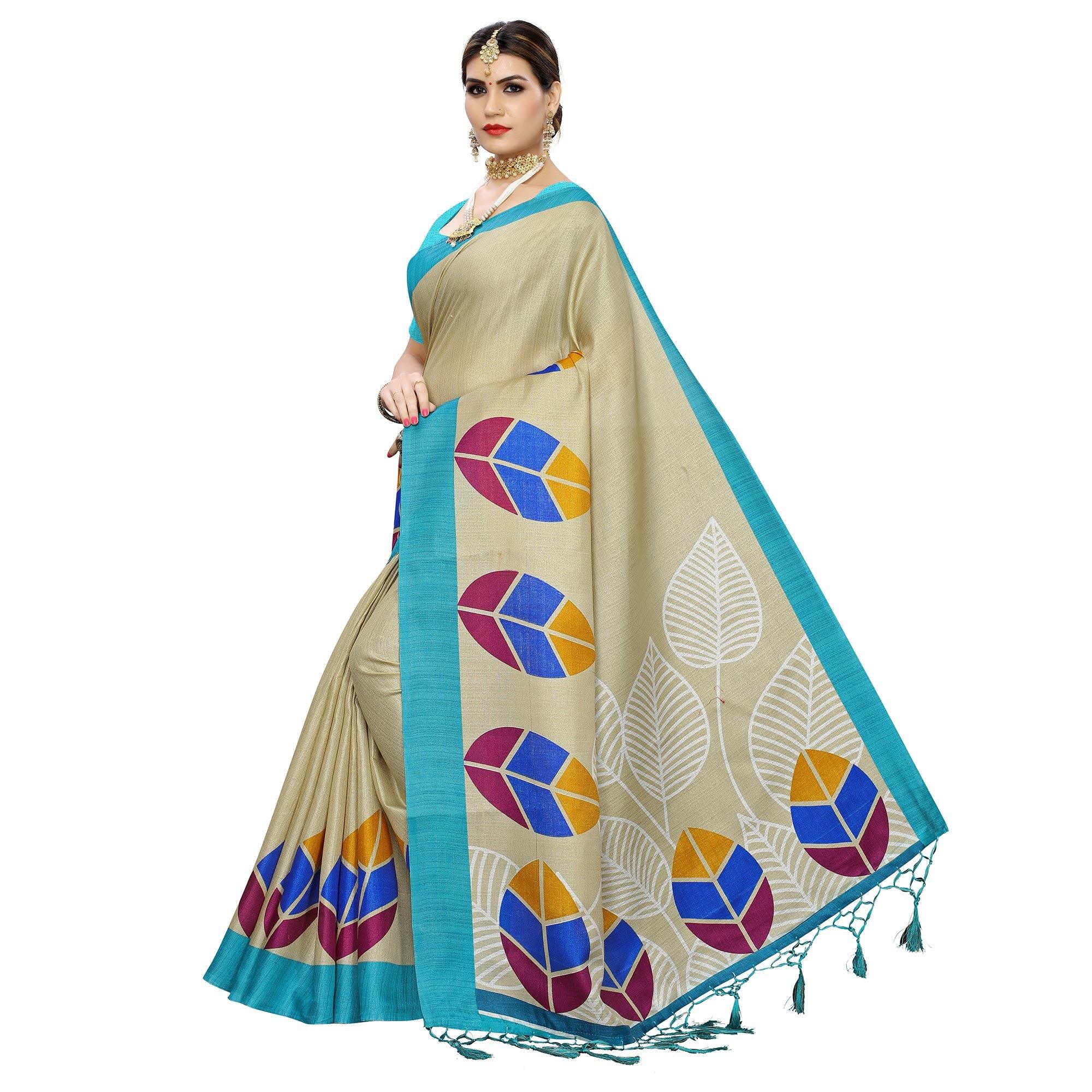Impressive Beige-Blue Colored Festive Wear Leaf Printed Art Silk Saree With Tassel - Peachmode