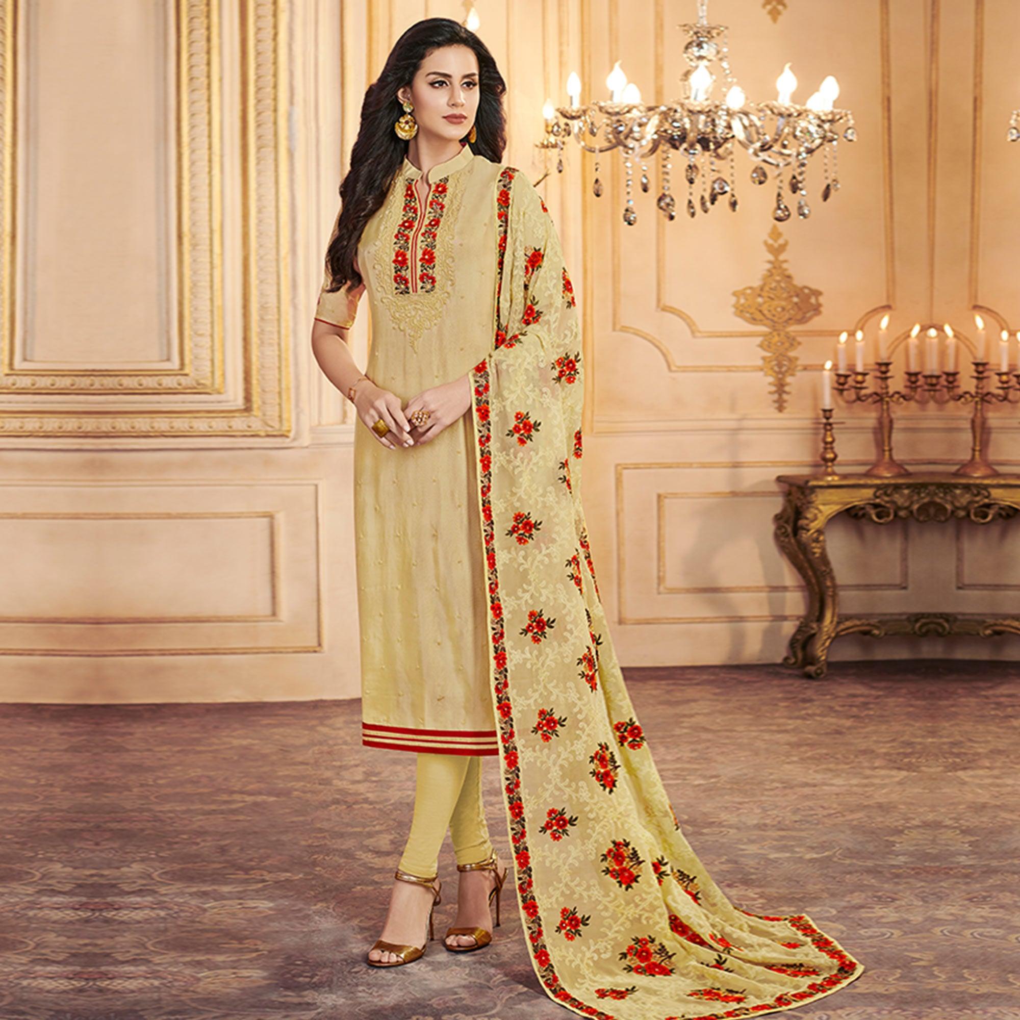 Impressive Beige Colored Partywear Embroidered Uppada Silk Suit - Peachmode