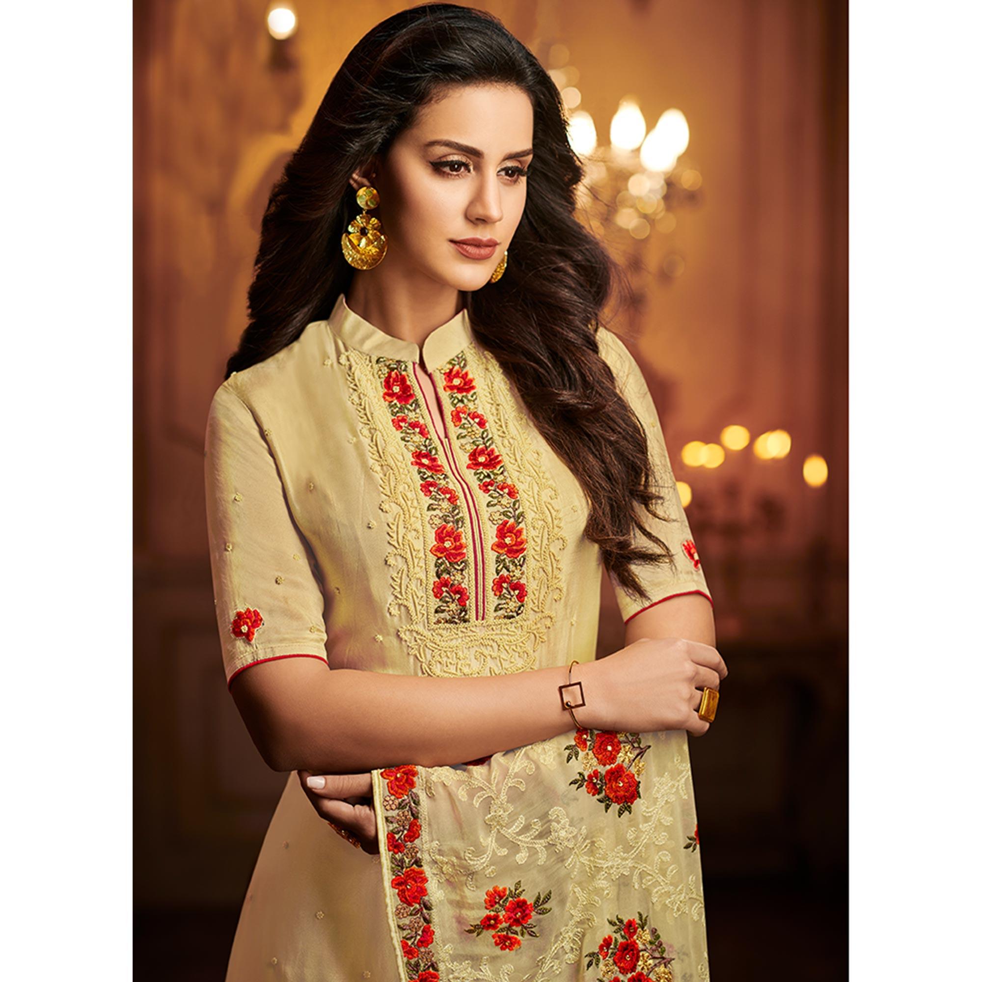 Impressive Beige Colored Partywear Embroidered Uppada Silk Suit - Peachmode