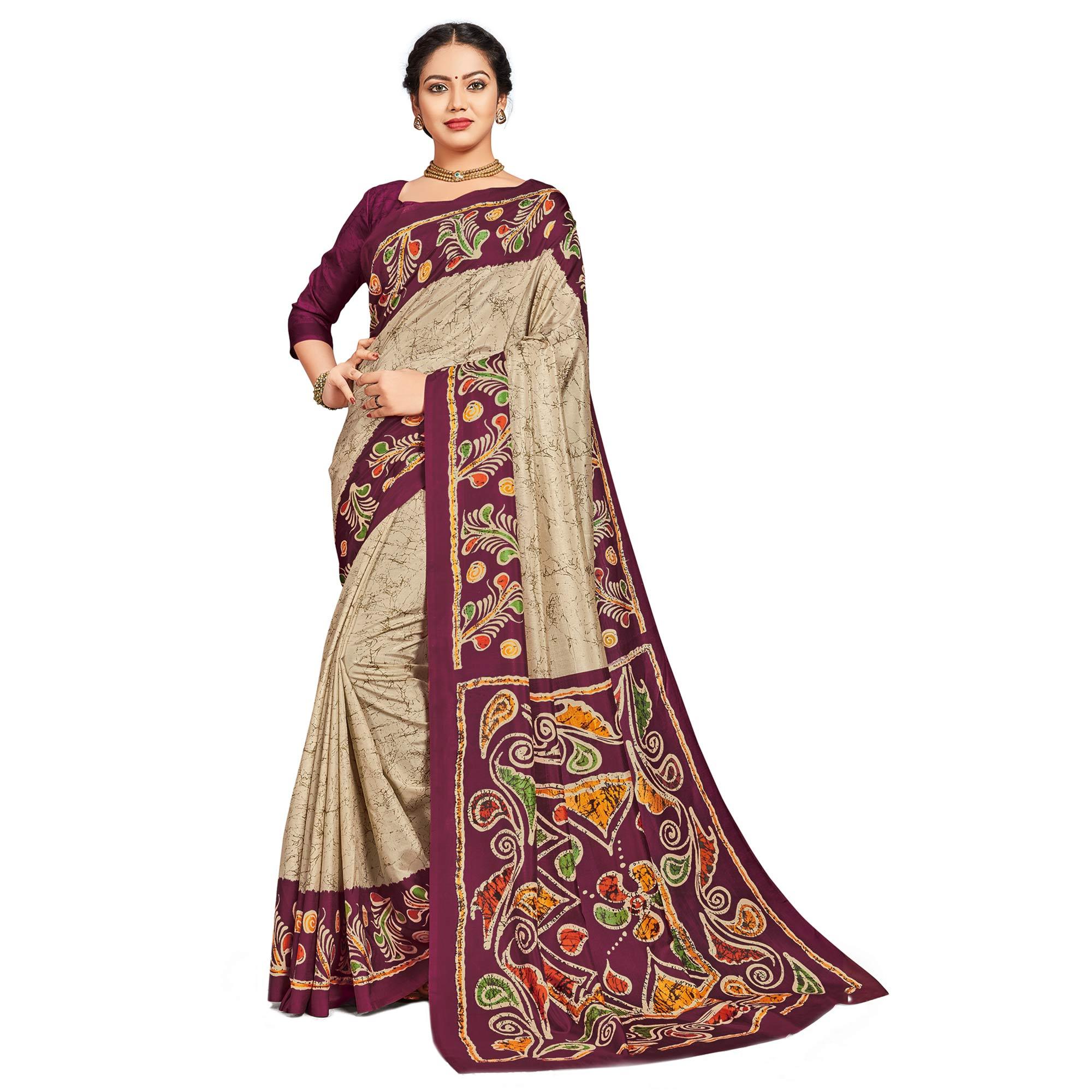 Impressive Beige-Purple Colored Casual Printed Tussar Silk Saree - Peachmode