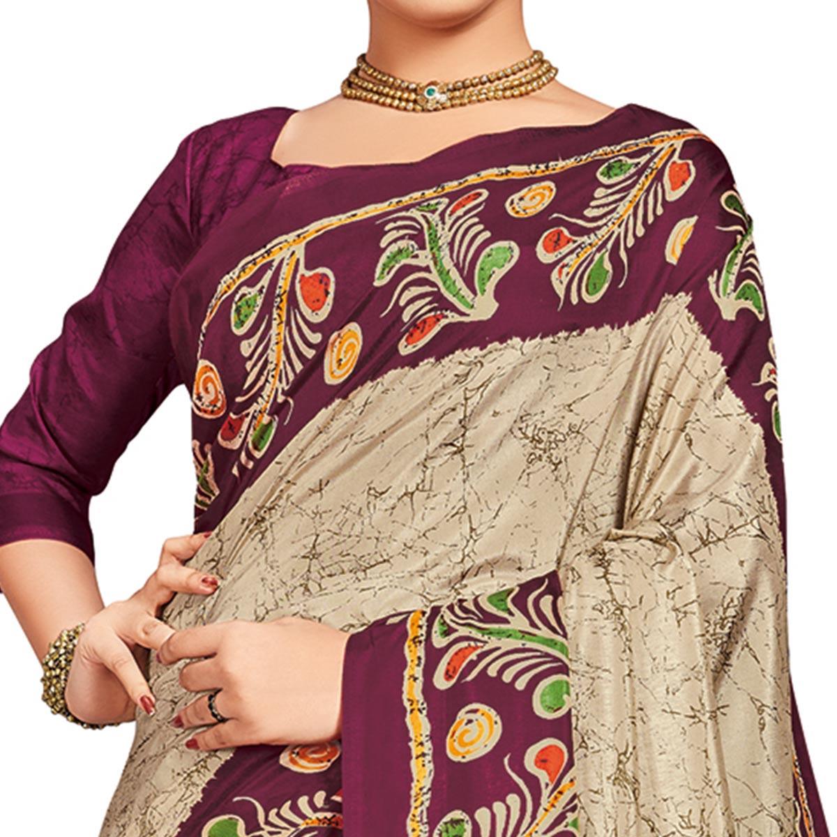 Impressive Beige-Purple Colored Casual Printed Tussar Silk Saree - Peachmode